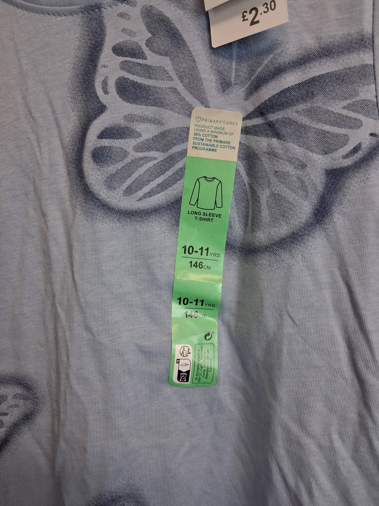 Primark Girls Blue Butterfly Long Sleeve T-Shirt Age 10-11 Years New