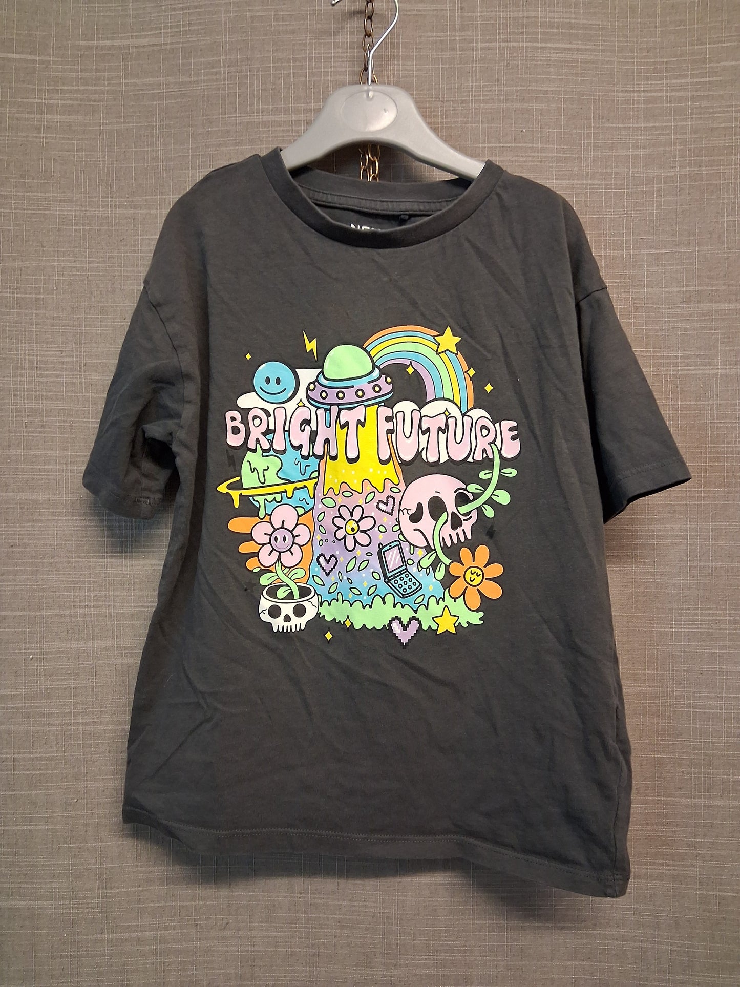 Next Girls Grey Loose Fit T-Shirt Short Sleeve Graphic Print Age 5 Years