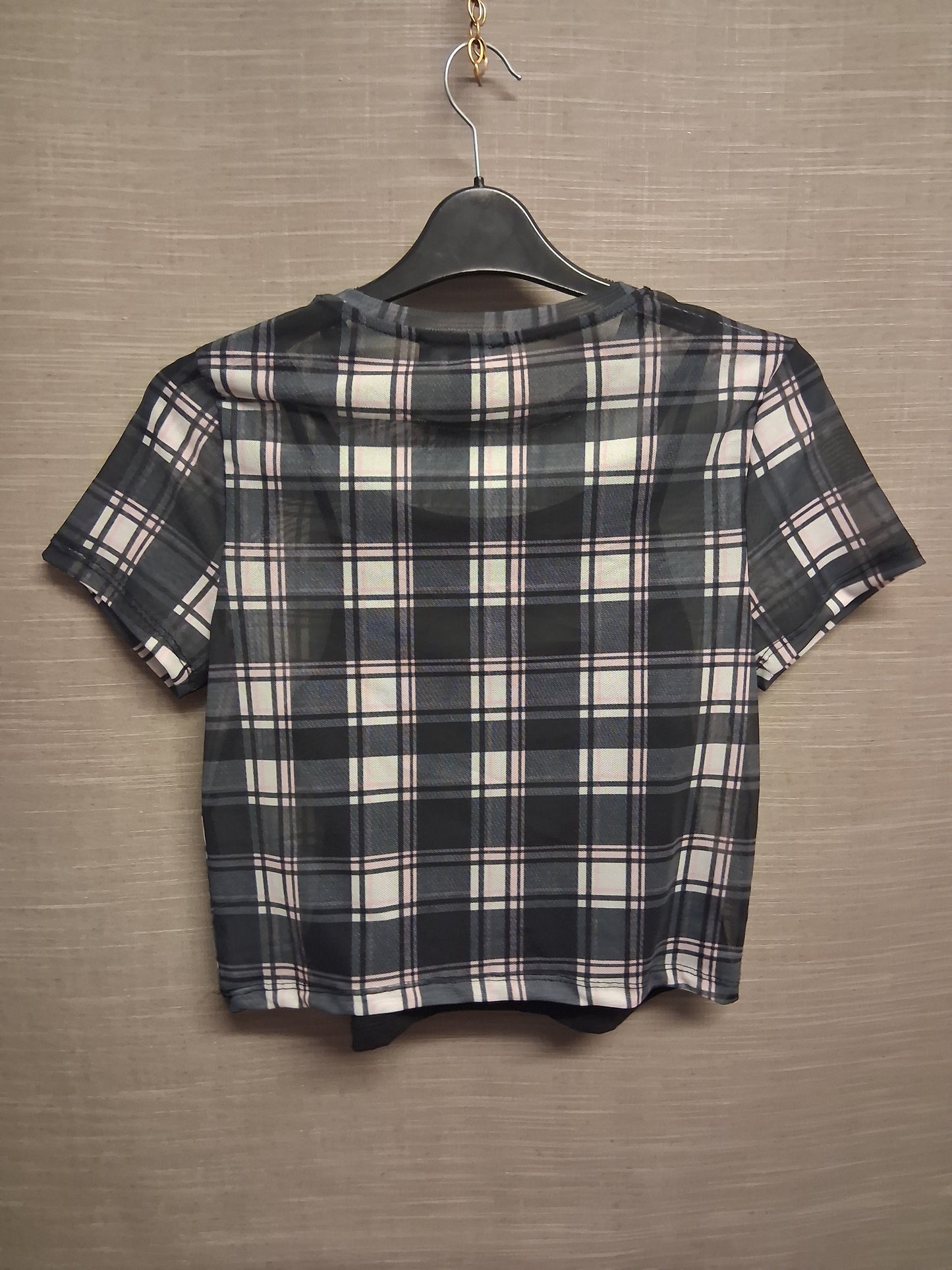 New Look Girls Pink Black Check Mesh T-Shirt Built in Camisole Age 14-15 Years