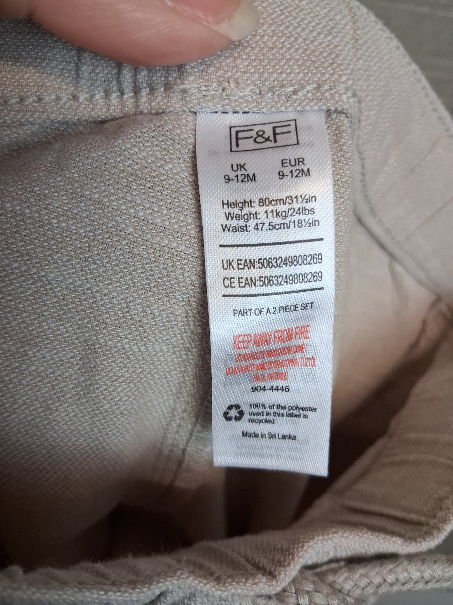 F&F Boys Beige Lightweight Roll Up Trousers Age 9-12 Months
