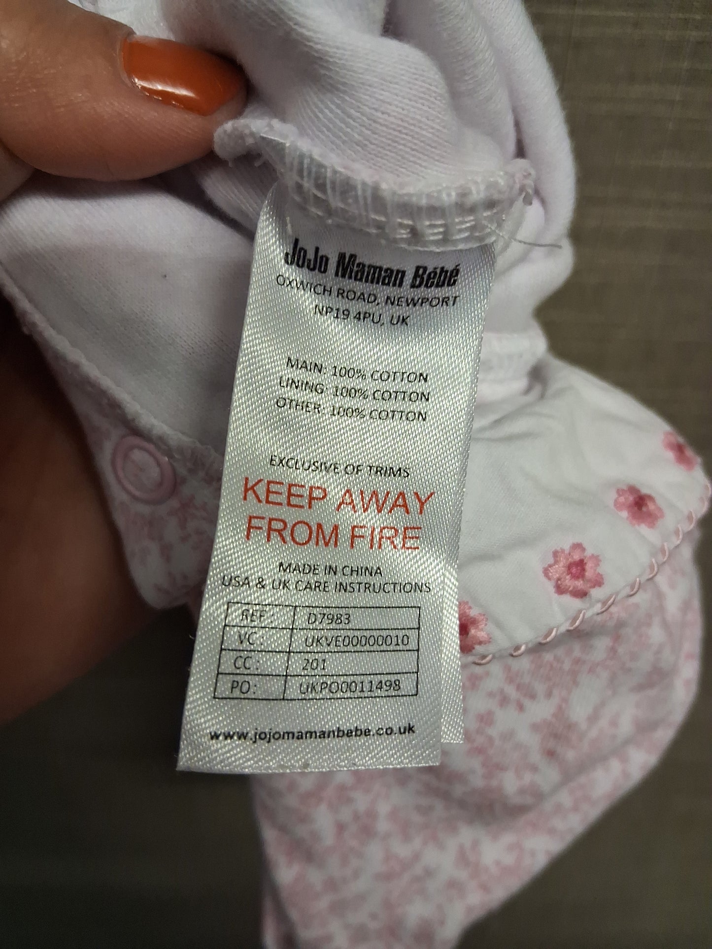 Jojo Maman Bebe Girls 2 Traditional Sleepsuit Smocked Pink White Floral Age Newborn