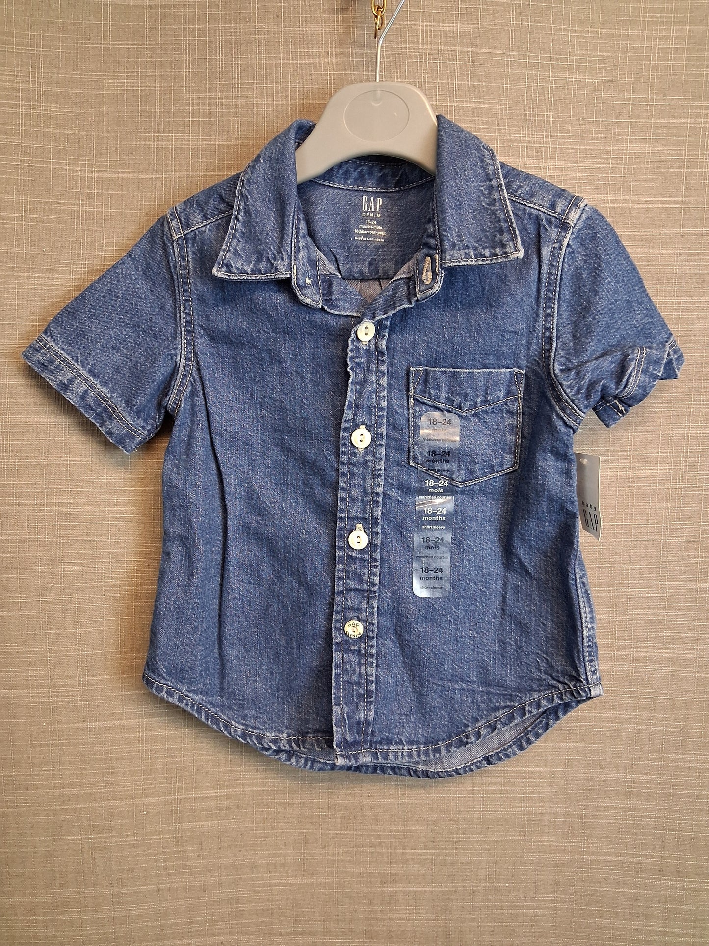 GAP Boys Blue Denim Short Sleeve Shirt Age 18-24 Months New