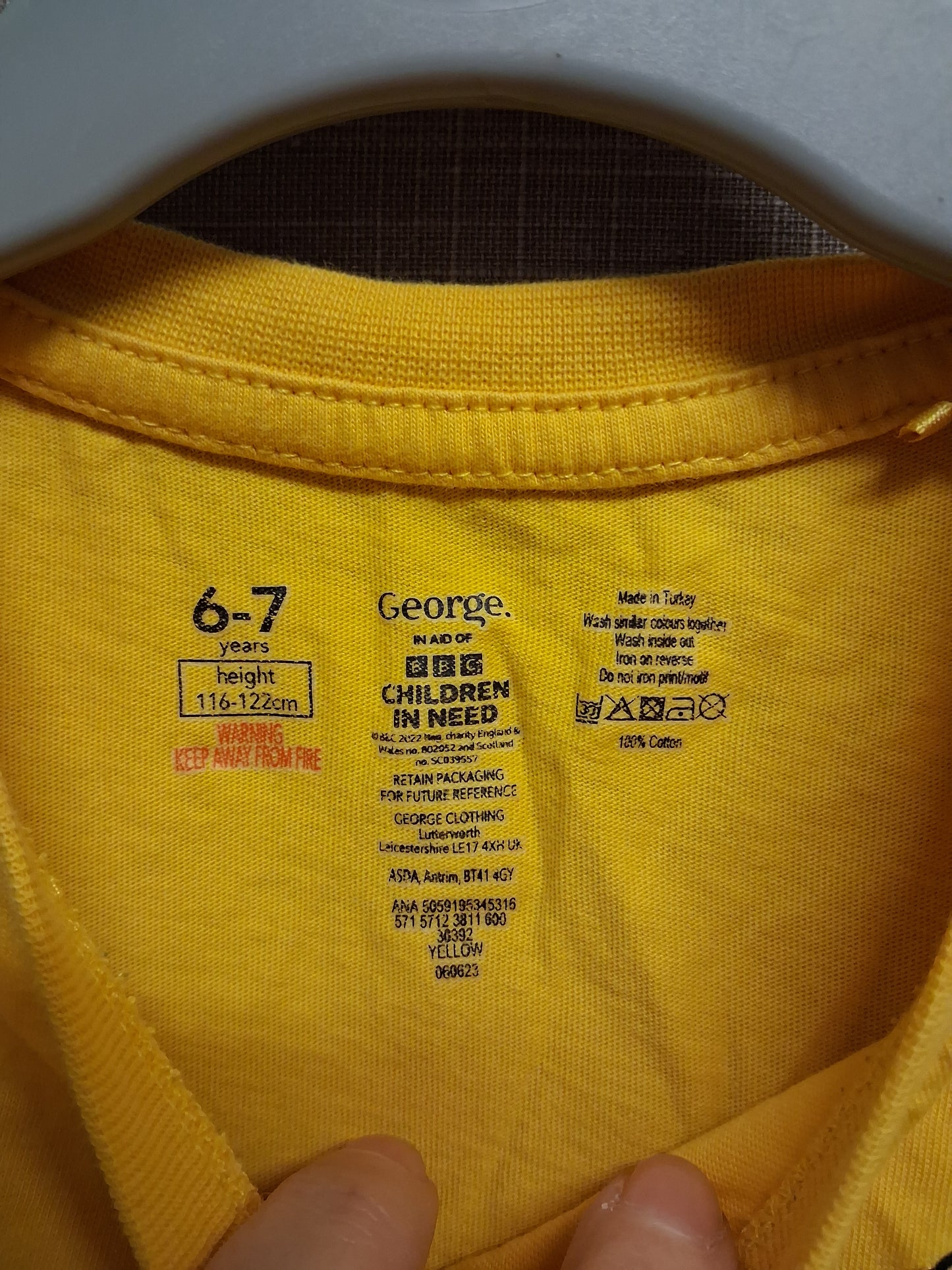 George Unisex "Pudsey" Children in Need Yellow Short Sleeve T-Shirt Age 6-7 Years