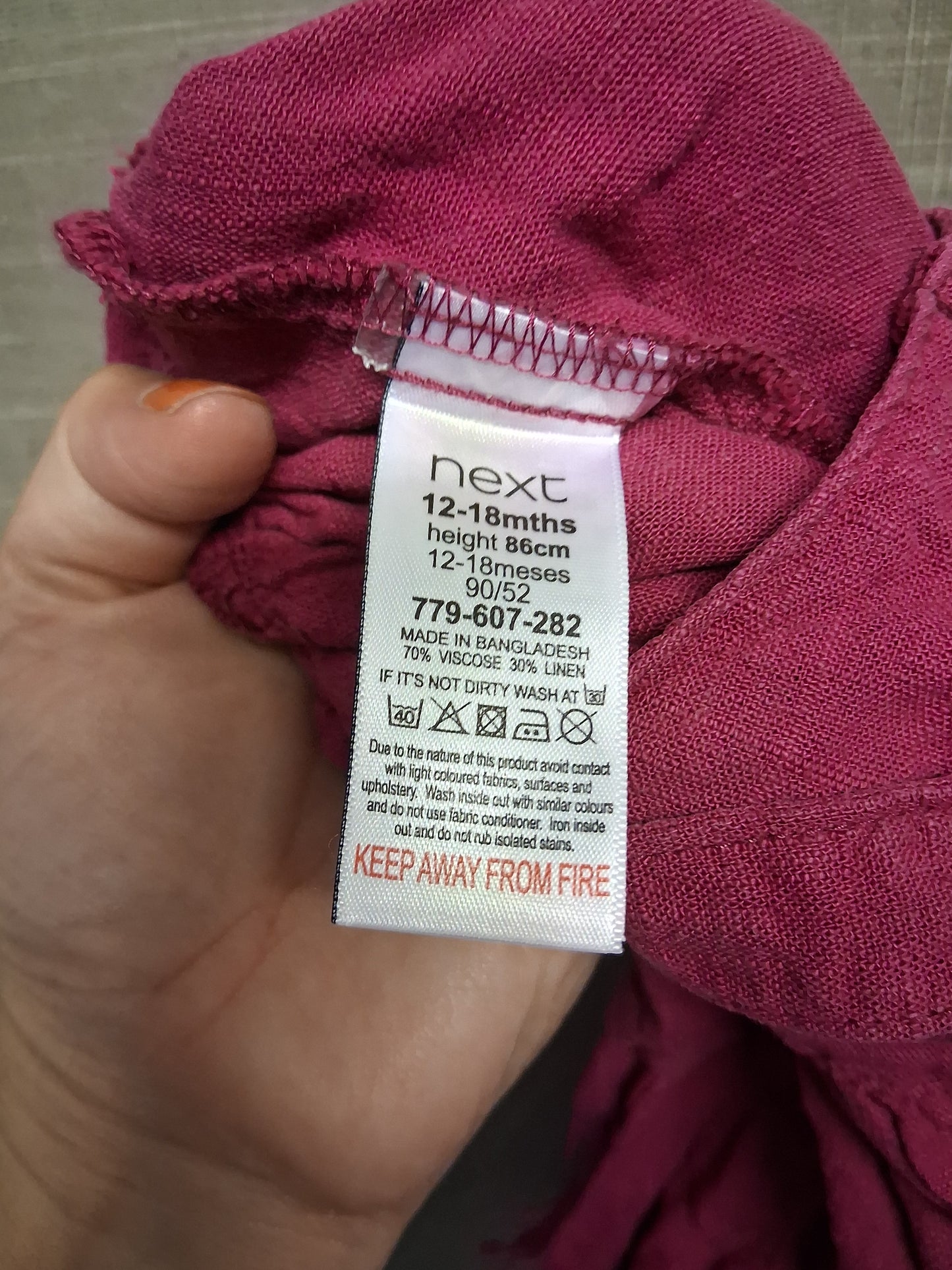 Next Girls Raspberry Red Linen Blend Dungarees Age 12-18 Months Pockets