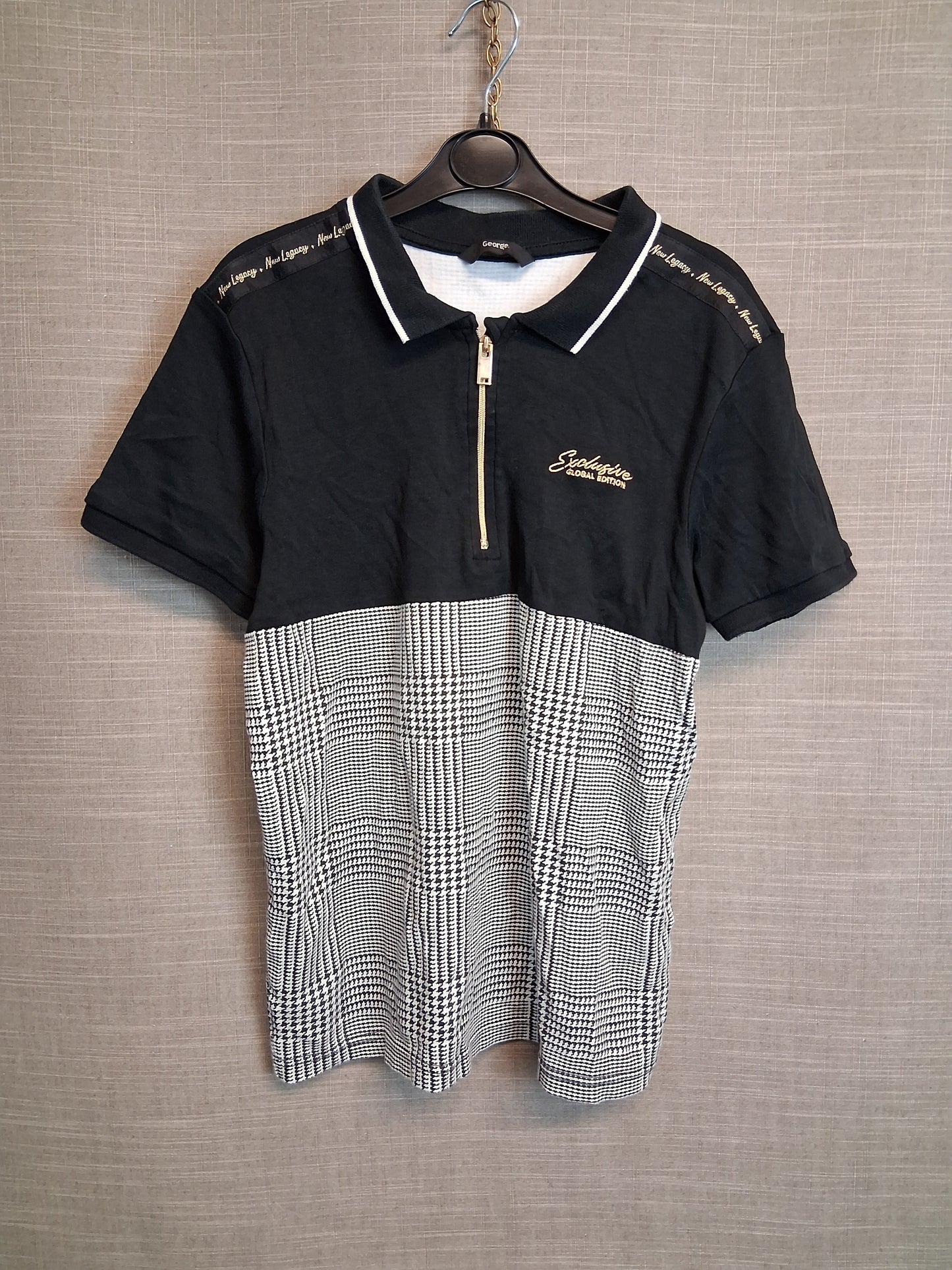 George Boys Polo T-Shirt Black Grey Check Age 12-13 Years