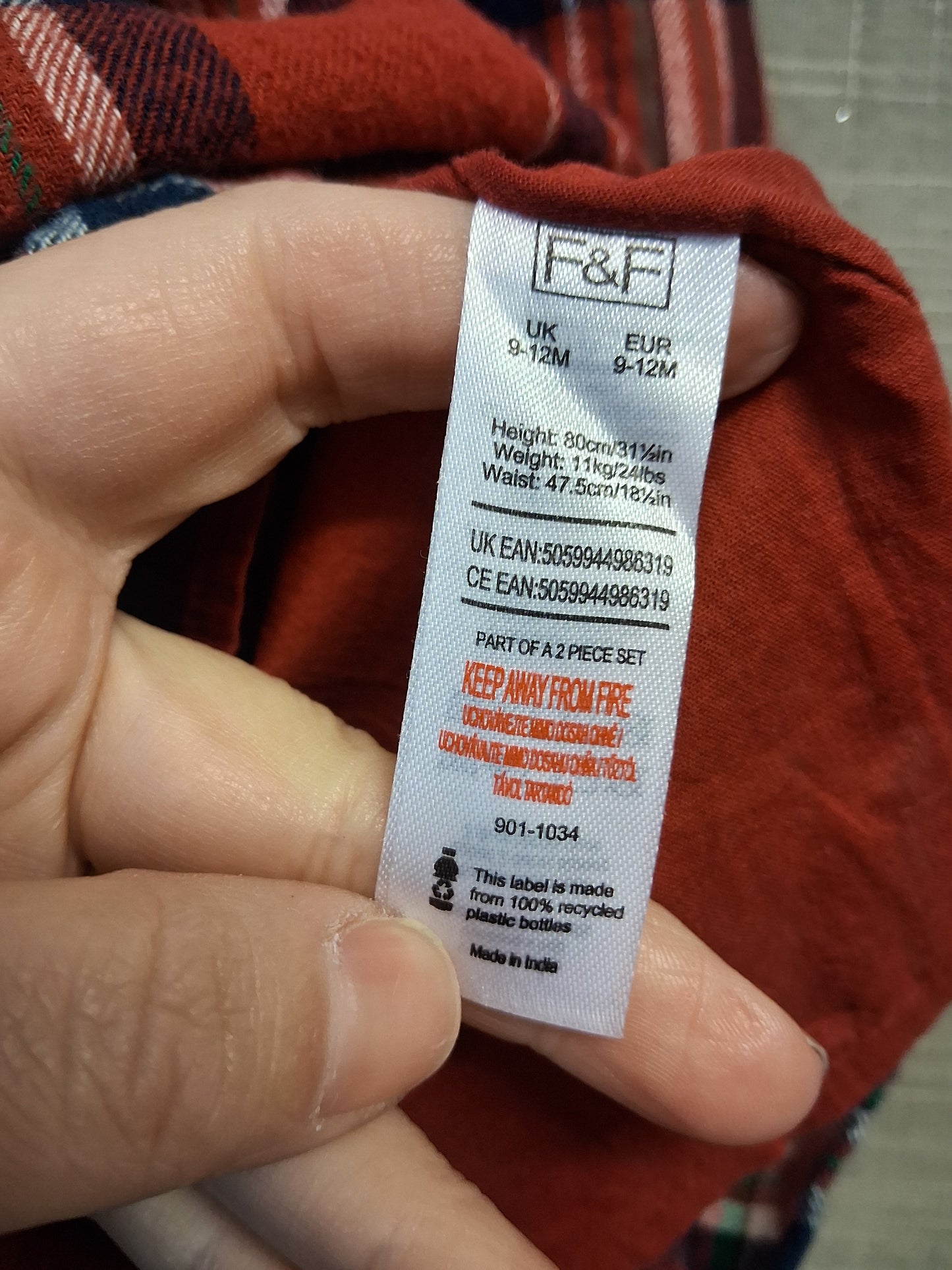 F&F Girls Red Tartan Dress Age 9-12 Months