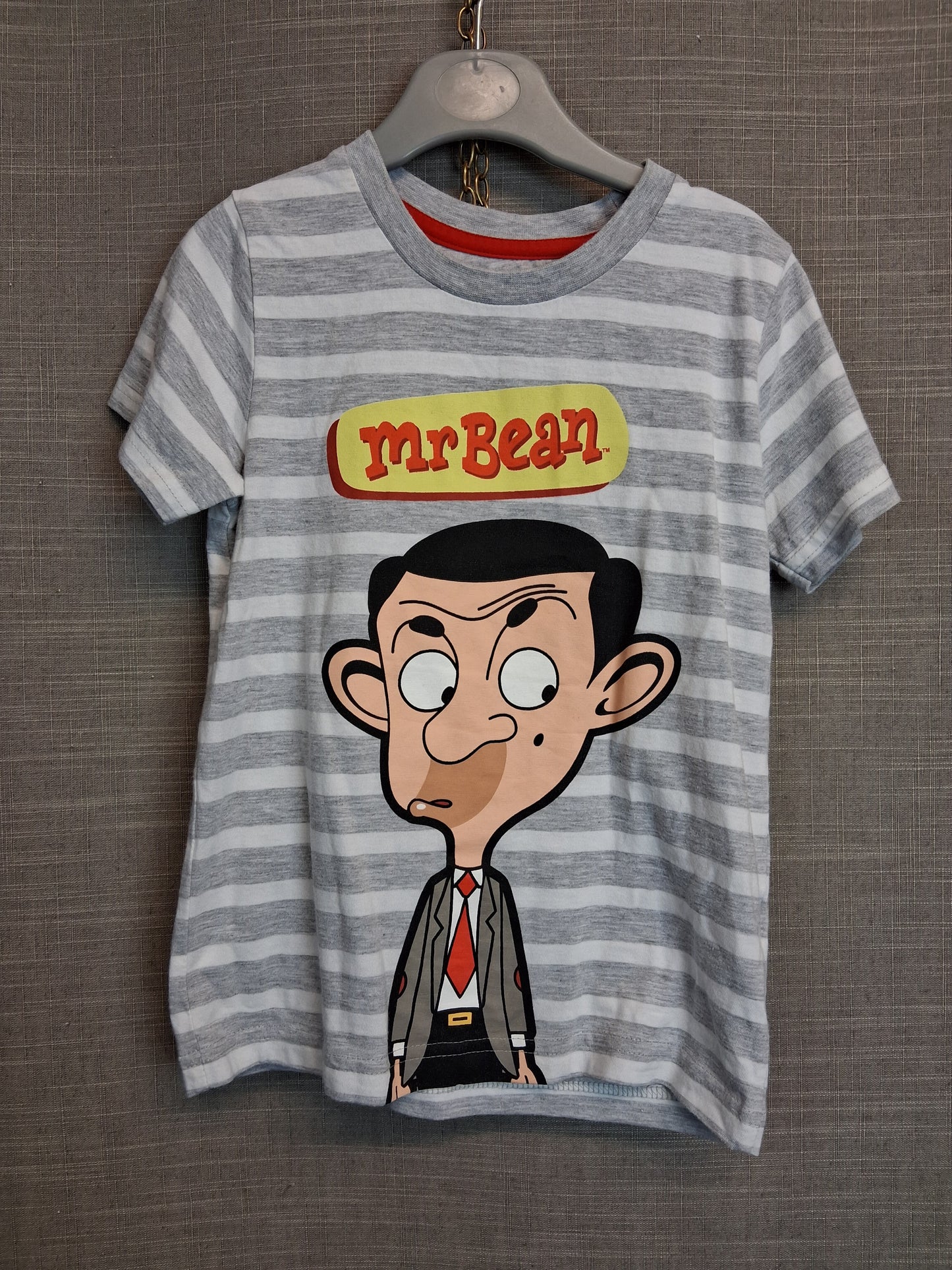 Mr Bean Boys T-Shirt Grey Striped Graphic Print Age 5 Years