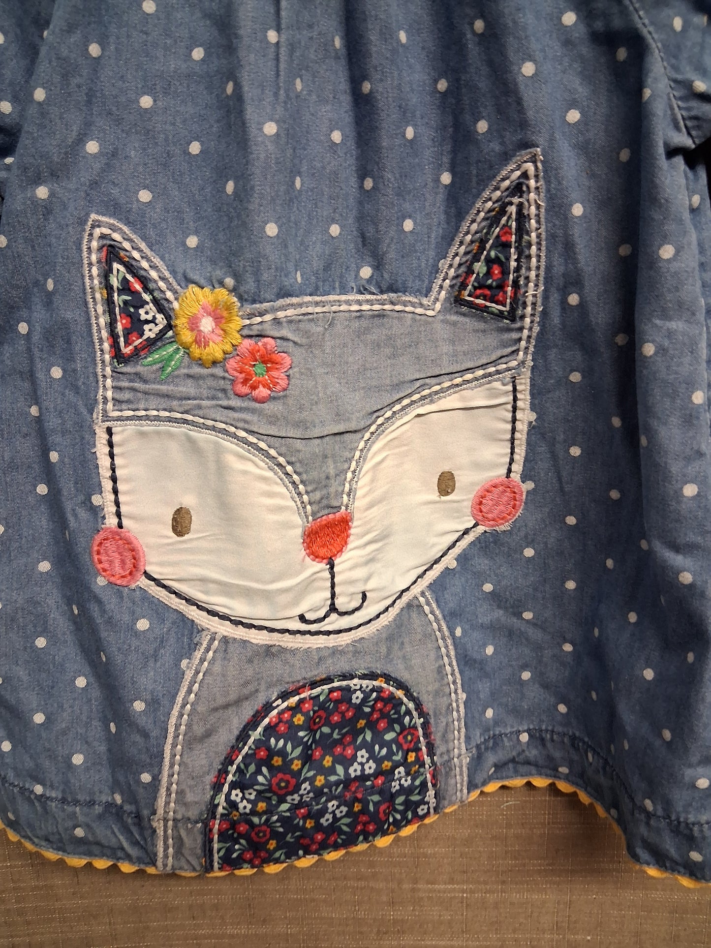 Mothercare Girls Blue Denim Long Sleeve Top Cat Patchwork Age 18-24 Months