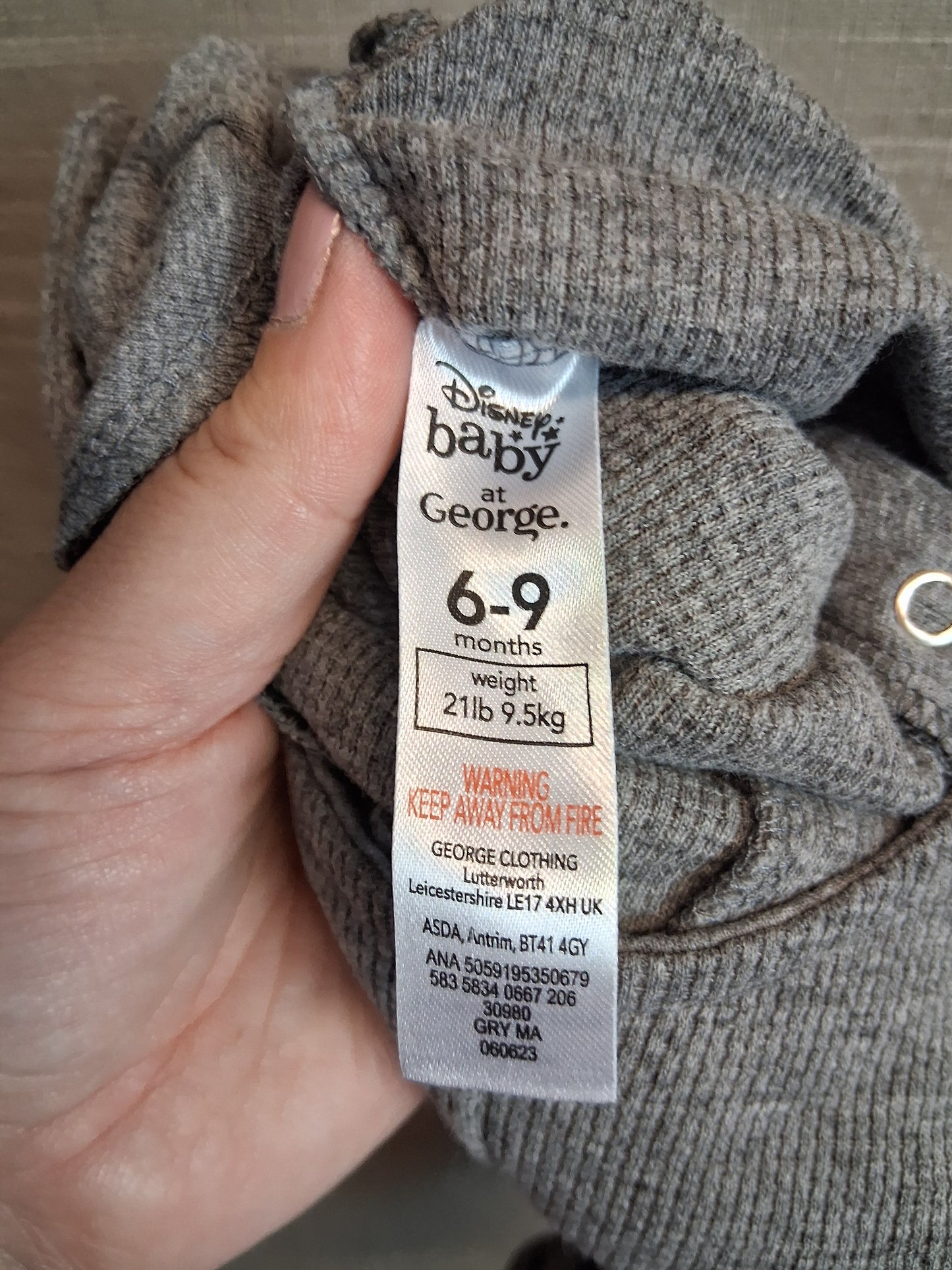 Disney George Mickey Mouse One Piece Romper Grey Age 6-9 Months