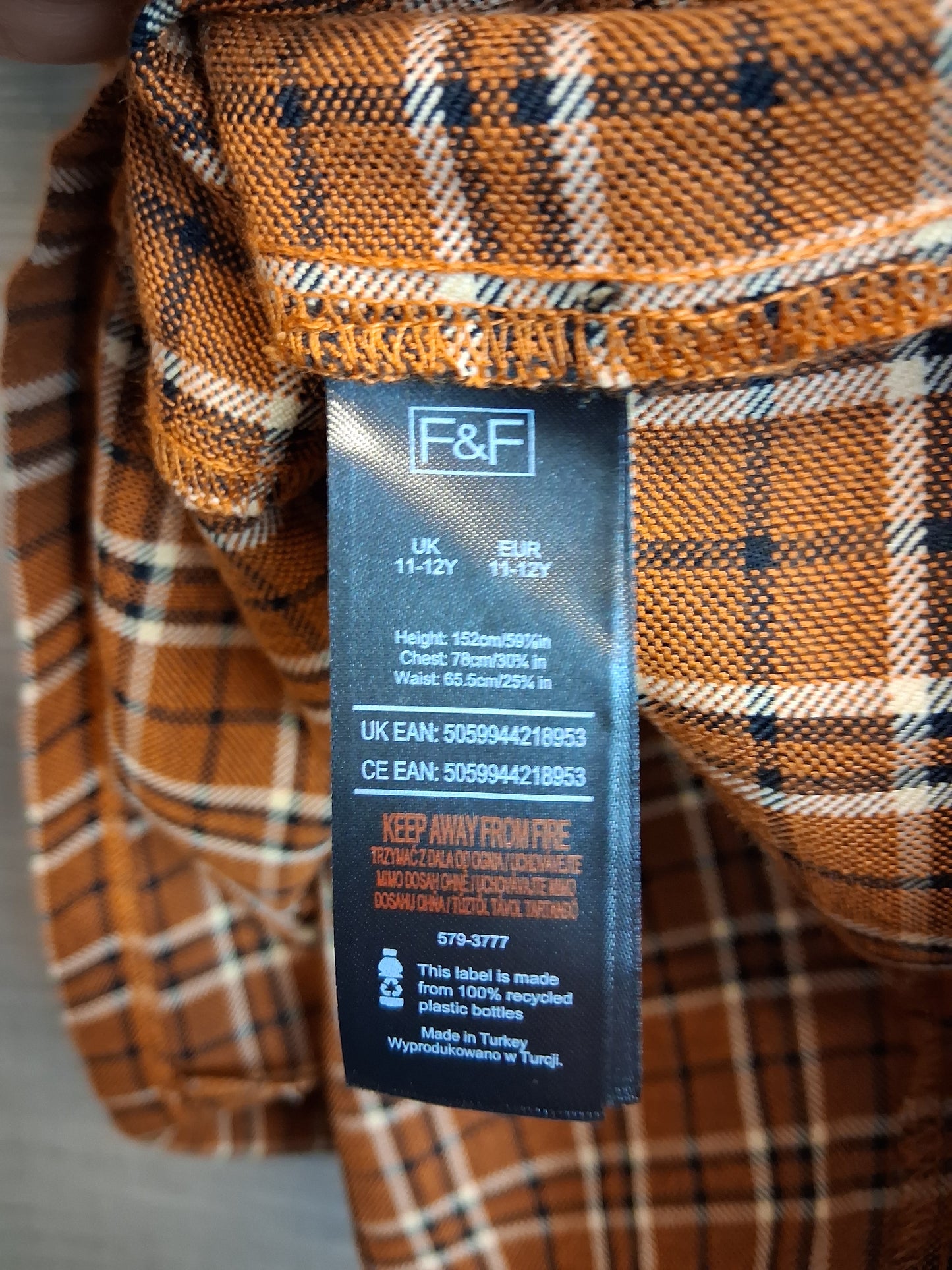 F&F Girls Orange Brown Check Pinafore Dress Age 11-12 Years