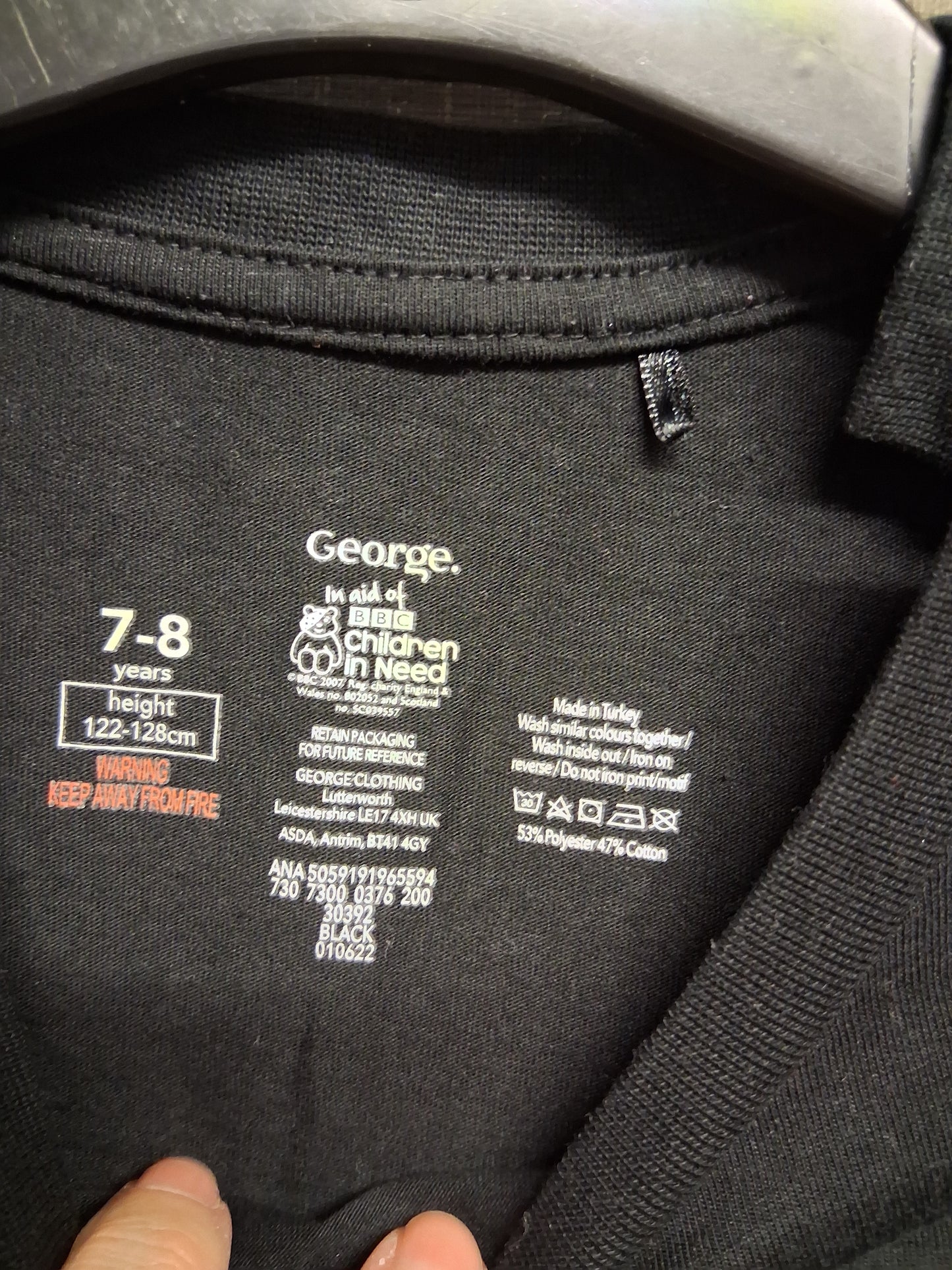 George Boys "Pudsey" Children in Need Black Long Sleeve T-Shirt Age 7-8 Years Sen Friendly