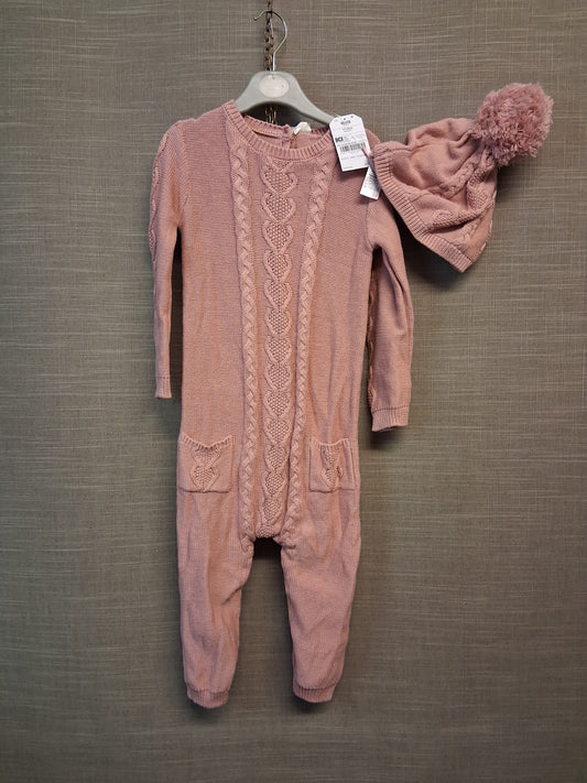 Next Pink Knitted Romper With Hat Age 18-24 Months New