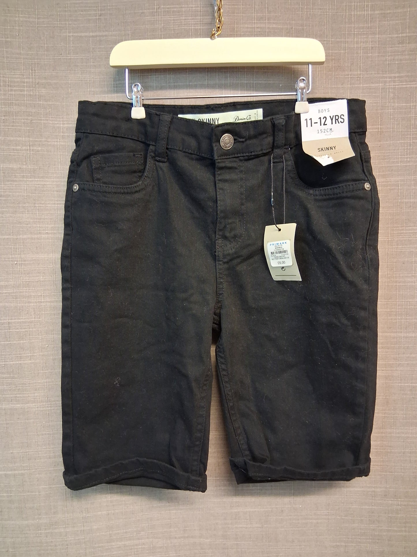Primark Boys Skinny Denim Shorts Black Age 11-12 Years New