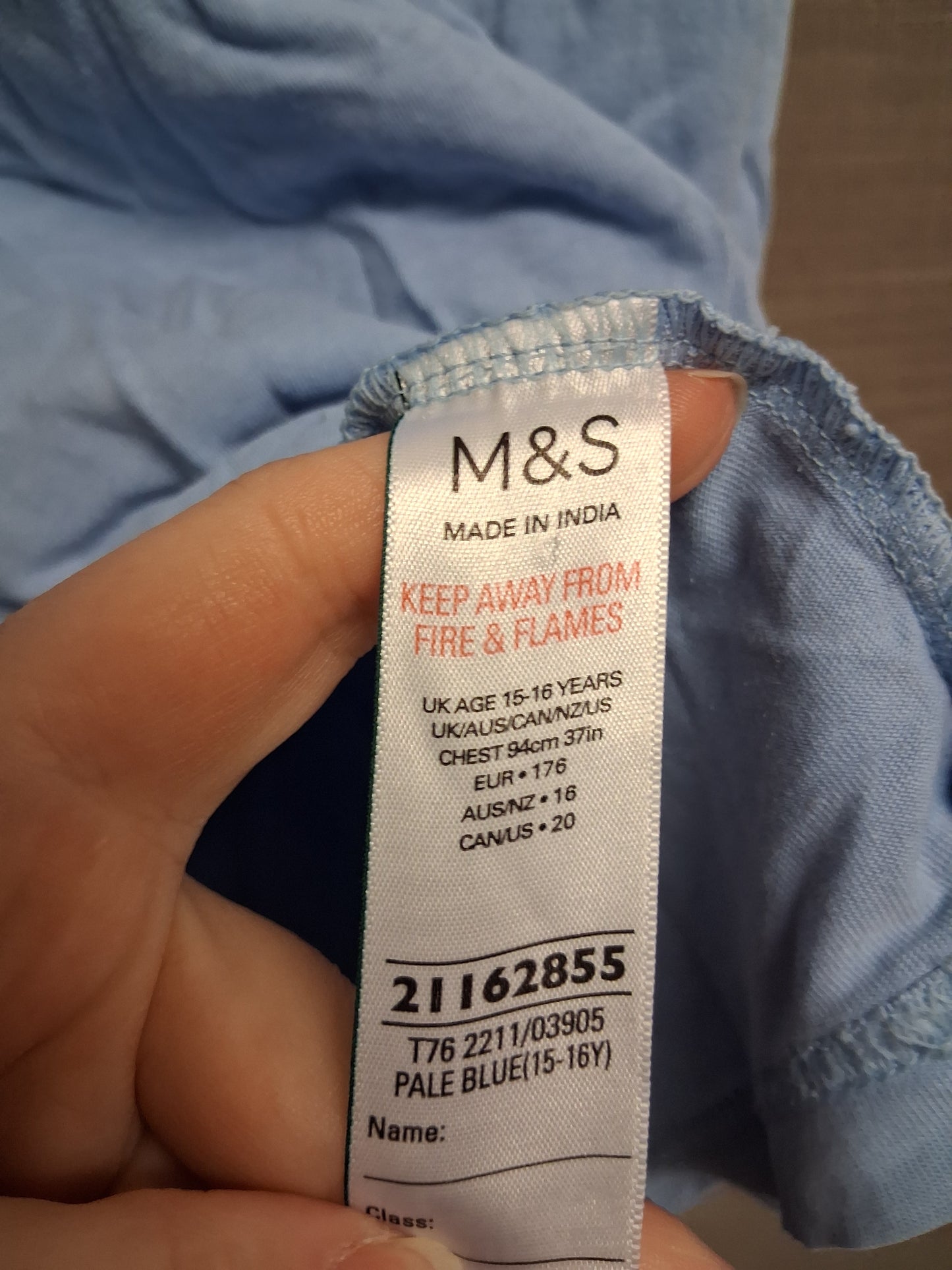 Marks & Spencer Blue Crew Neck T-Shirt Short Sleeve Age 15-16 Years