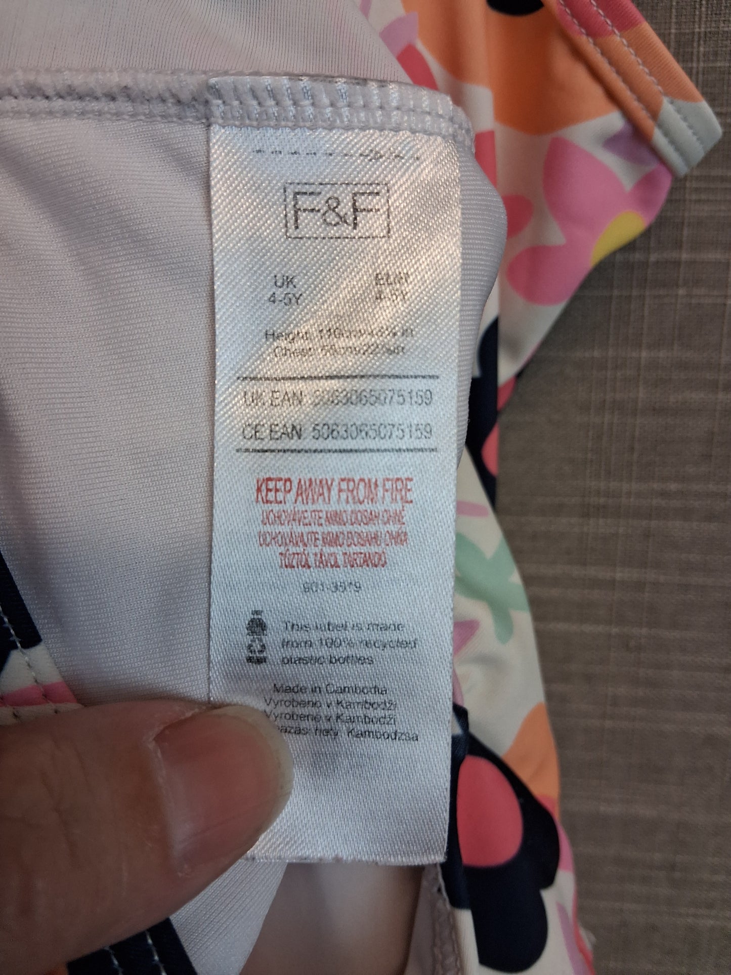 F&F Girls One Piece Swimsuit Age 4-5 Years Floral Multicolour