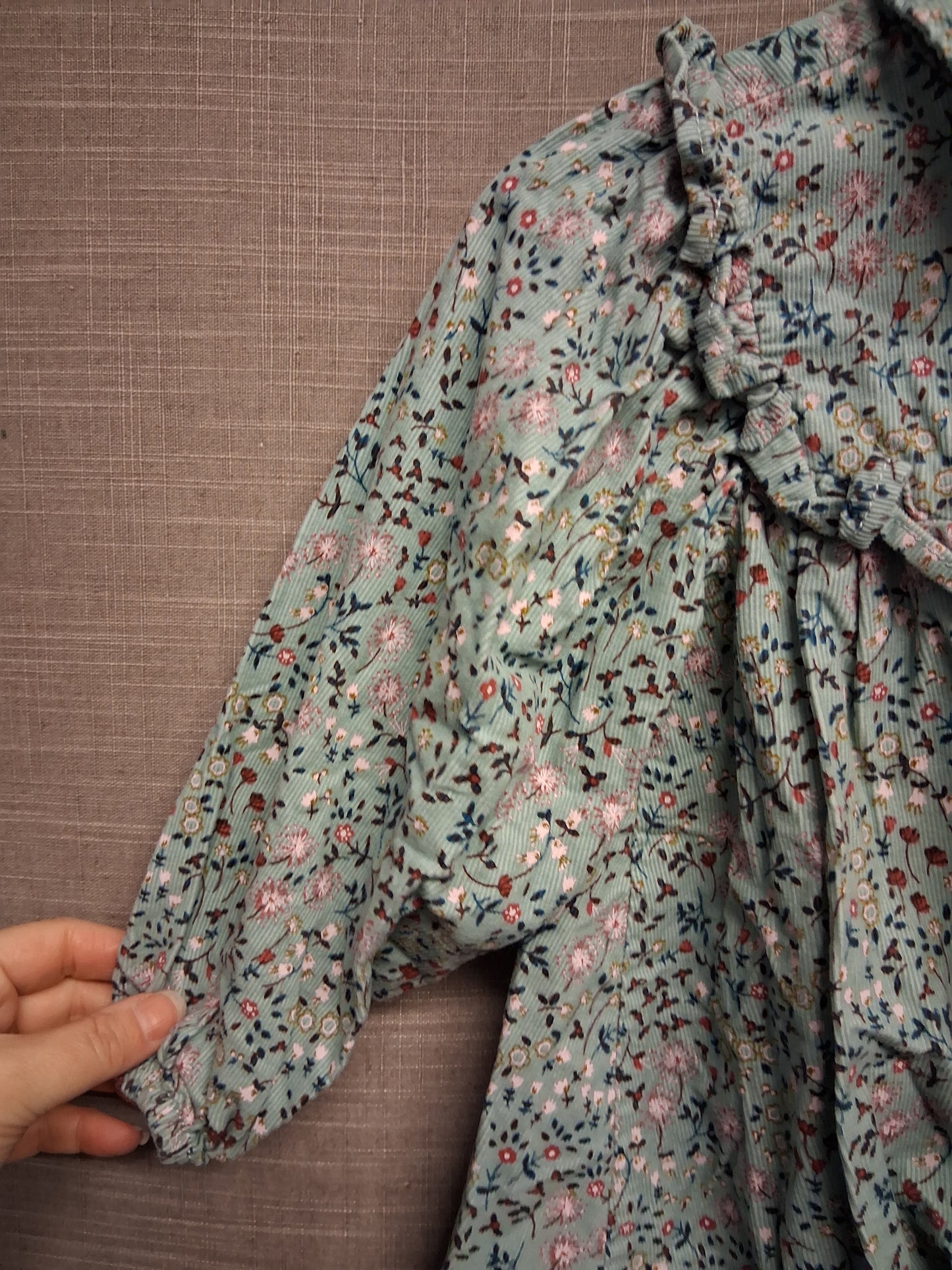 Next Girls Green Floral Corduroy Long Sleeve Shirt Dress Age 3-4 Years