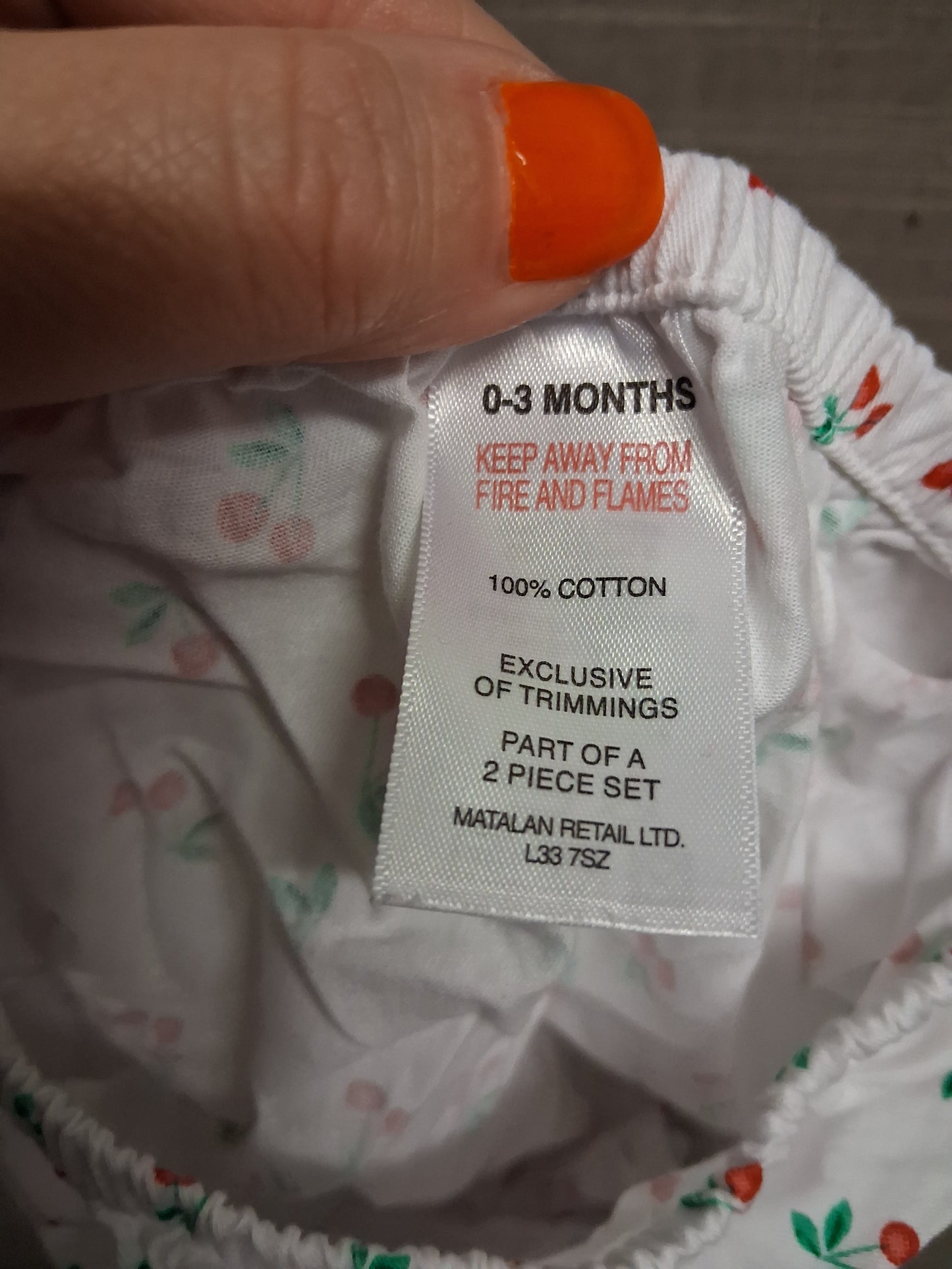 Matalan Girls White Cherry Print Smock Dress With matching briefs Age 0-3 Months