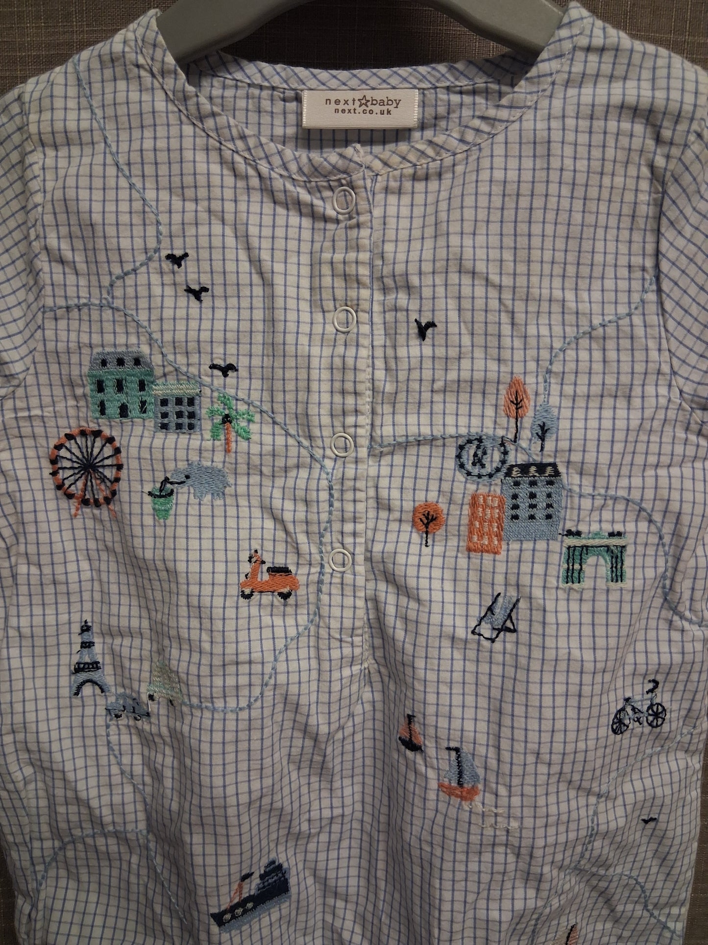 Next Boys Cotton Blue White Check Romper Embroidered Detail Short Sleeve Age 3-6 Months