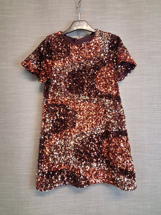 Next Girls Bronze Tones Sequin Dress Short Sleeve Lined Age 8 Years