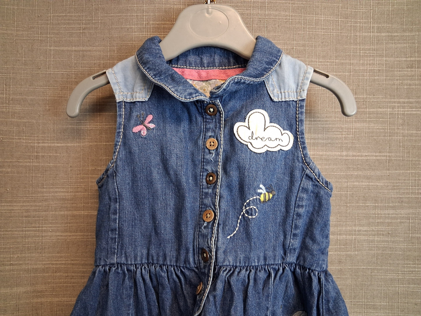 Next Girls Denim Sleeveless Dress Blue Embroidered Age 18-24 Months