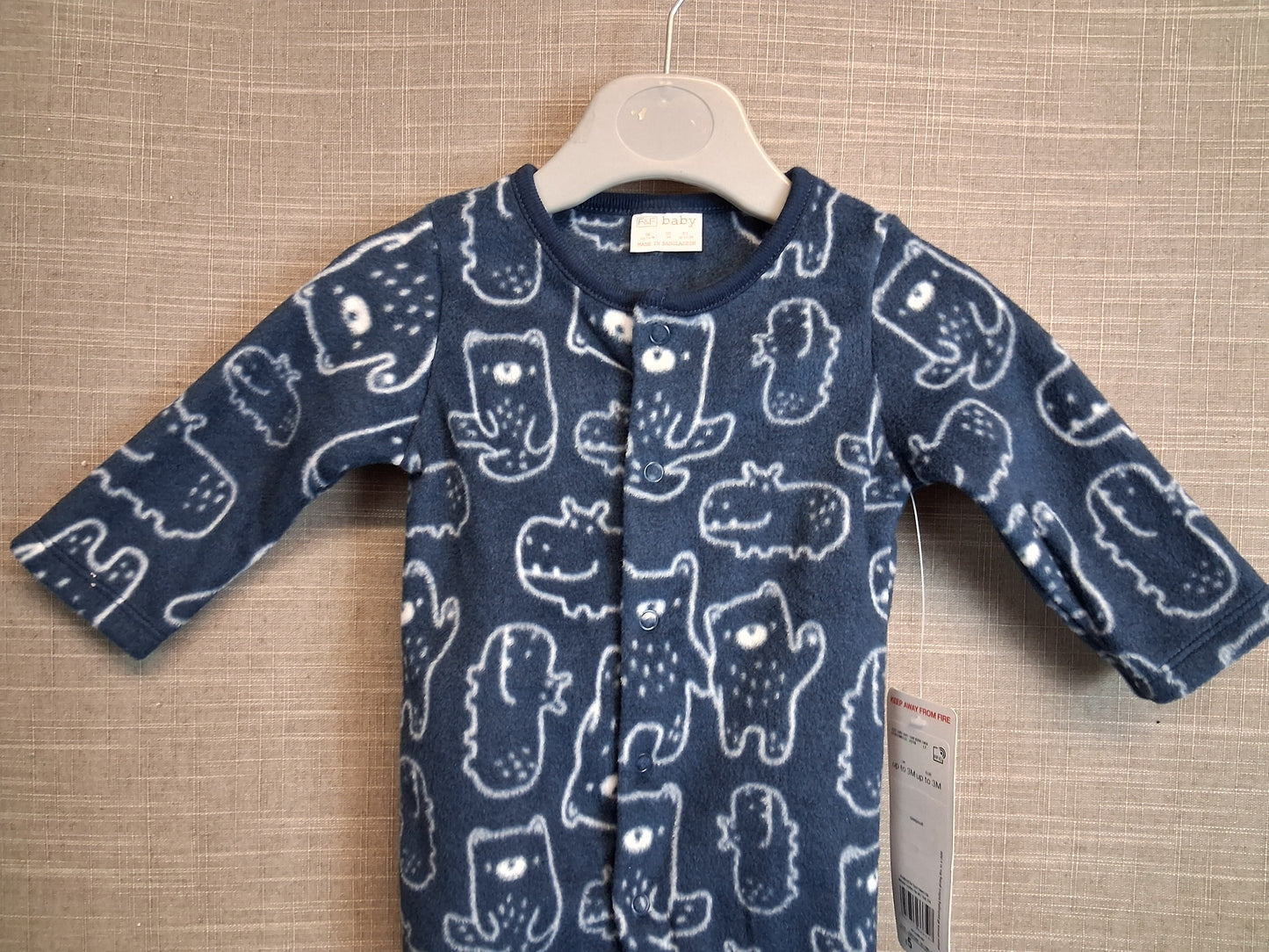 F&F Boys Blue Bear Print Fleece Sleepsuit Age 0-3 Months New
