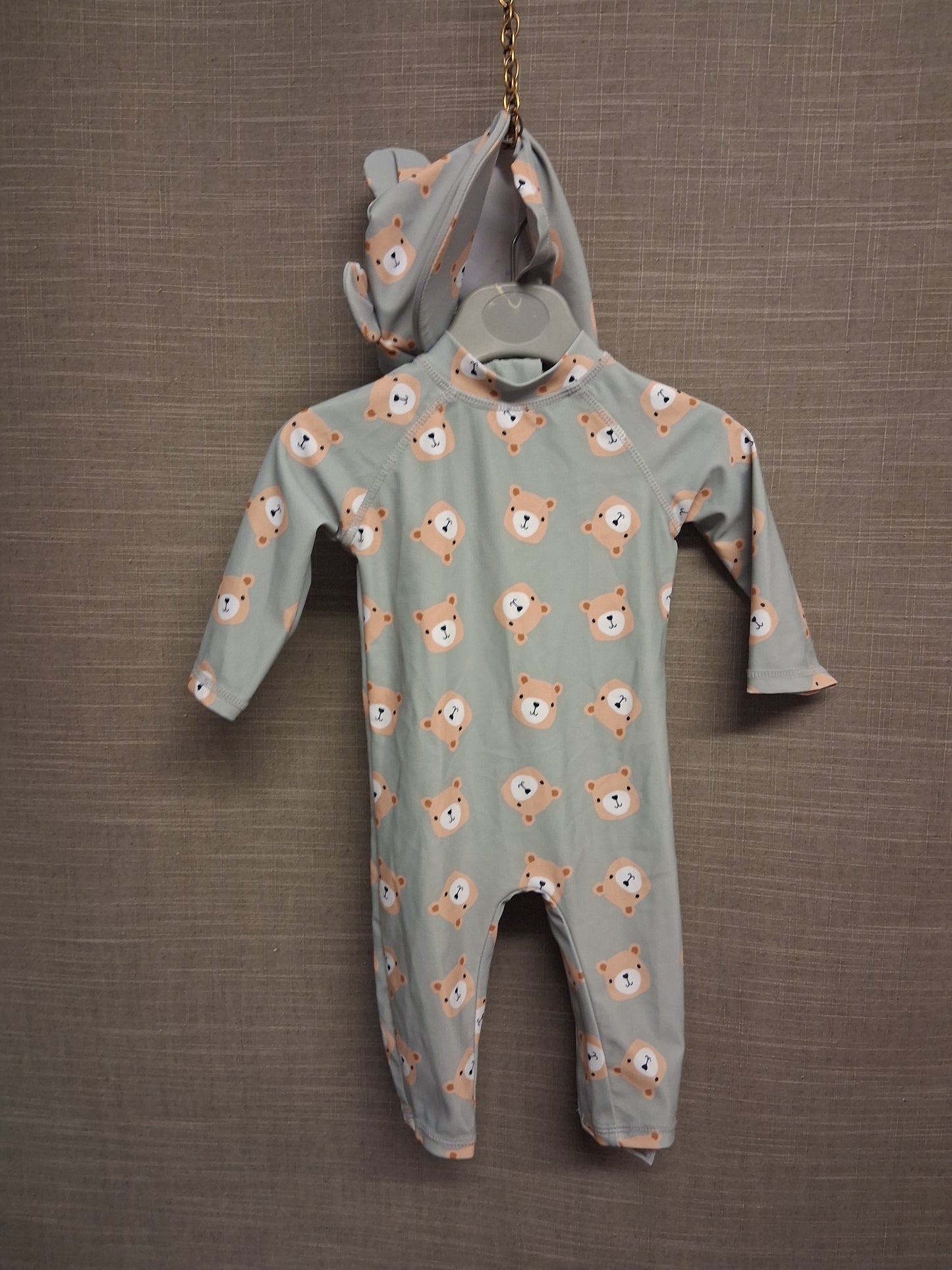 George Boys Blue Bear Theme UV Swimsuit One Piece With Hat Age 3-6 Months