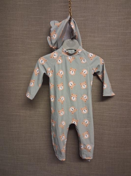 George Boys Blue Bear Theme UV Swimsuit One Piece With Hat Age 3-6 Months