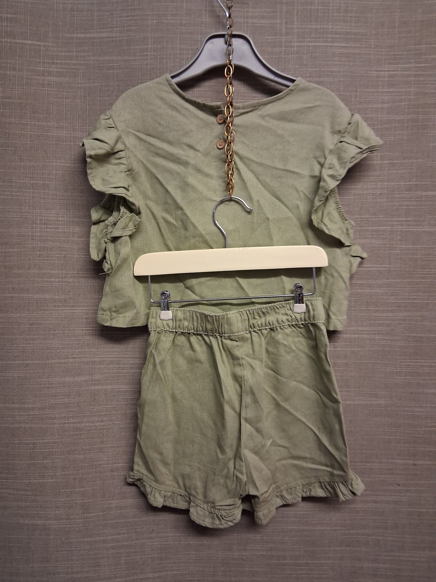 Lily & Dan Girls 2 Piece Outfit Khaki Green Top and Shorts Age 1-2 Years Linen Blend New