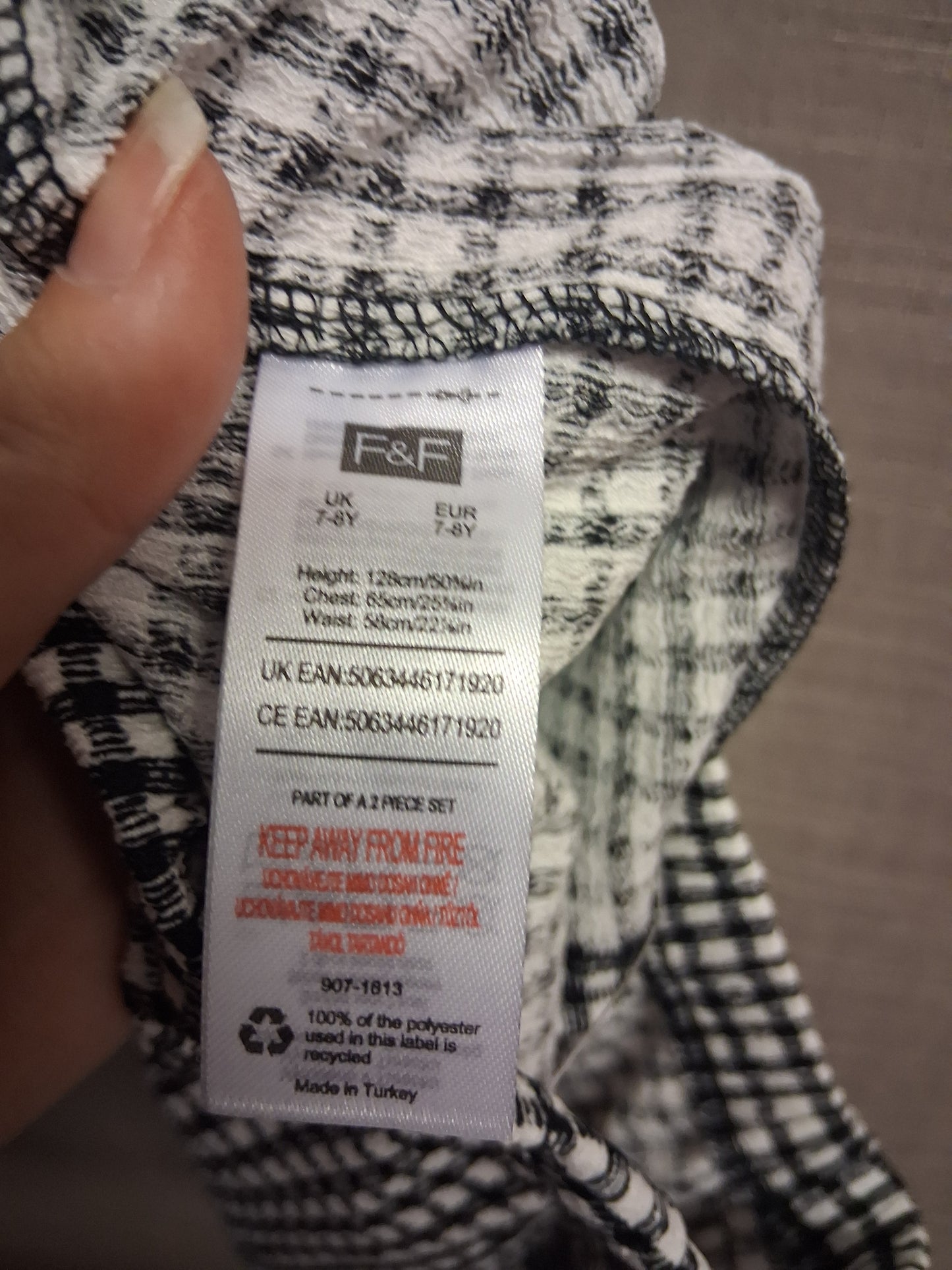 F&F Girls Black White Check Shorts Crepe Effect Age 7-8 Years