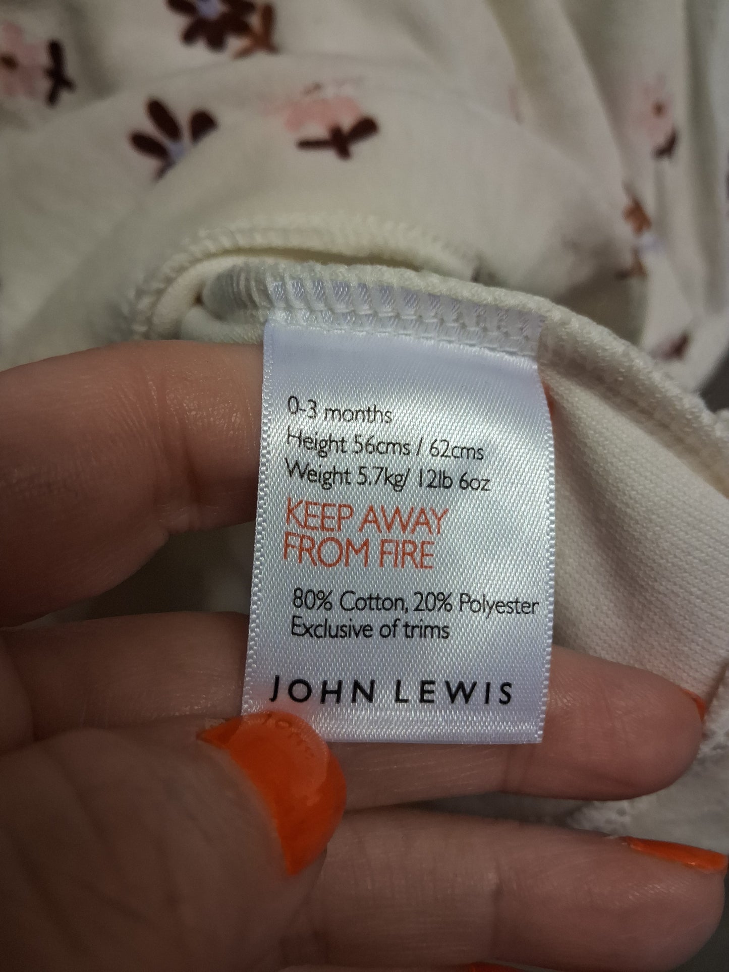 John Lewis Girls Jumper Sweater Dress Cream Floral Age 0-3 Months