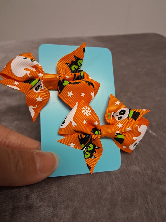 Halloween Theme Orange Cat & Skeletons Hair Bow Clips X2