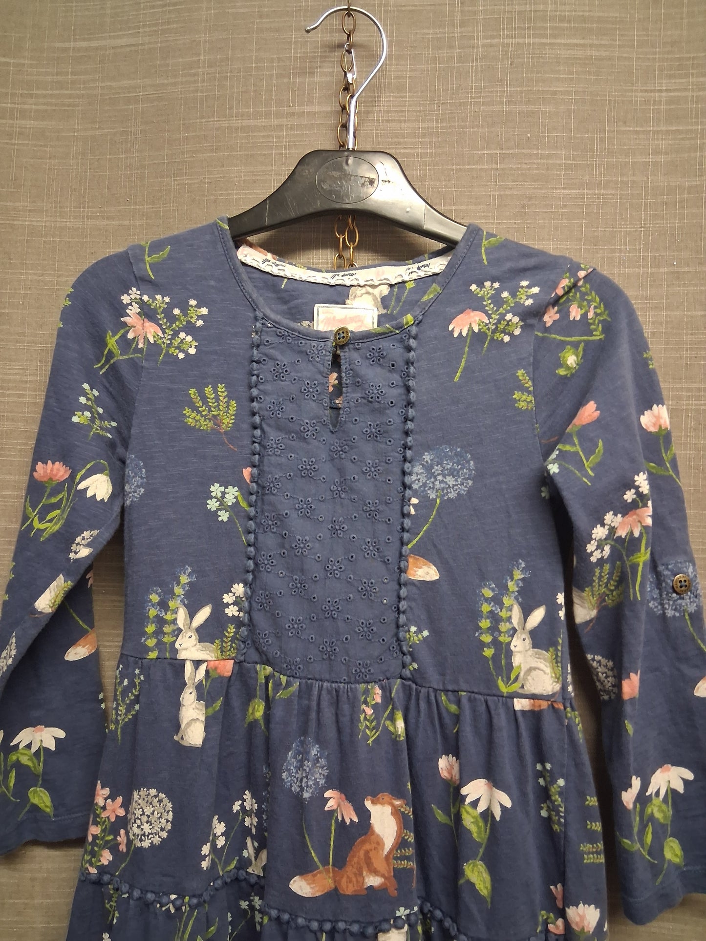 Mantaray Girls Blue Floral Long Sleeve Jersey Tiered Dress Age 7-8 Years