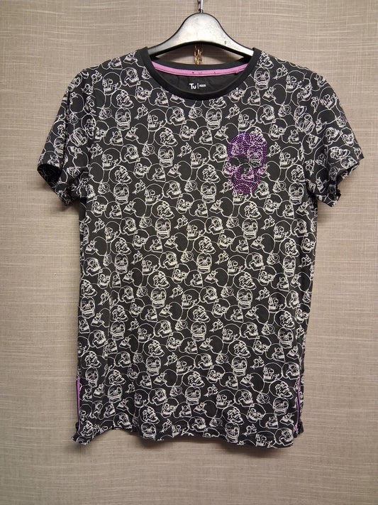 TU Black Grey Skull Print Short Sleeve T-Shirt Diamante Detail Age 13 Years