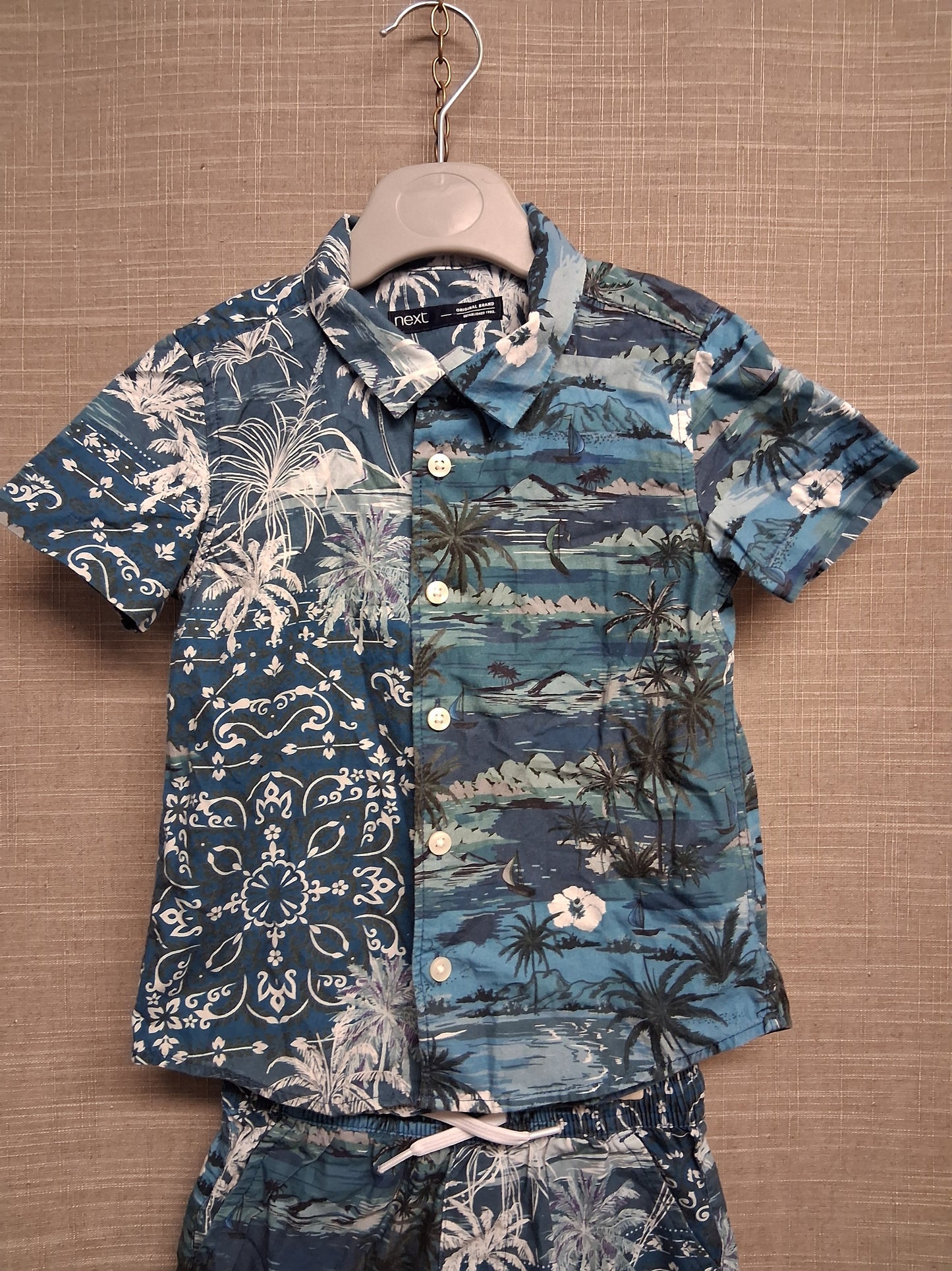 Next Boys 2 Piece Outfit Short Sleeve Shirt & Shorts Blue Hawaiian Theme Age 18-24 Months