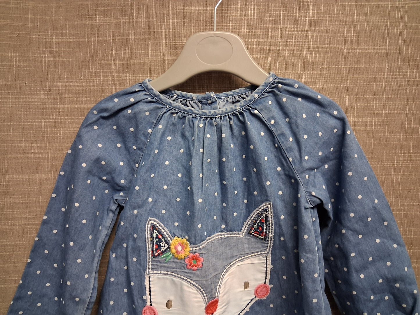 Mothercare Girls Blue Denim Long Sleeve Top Cat Patchwork Age 18-24 Months