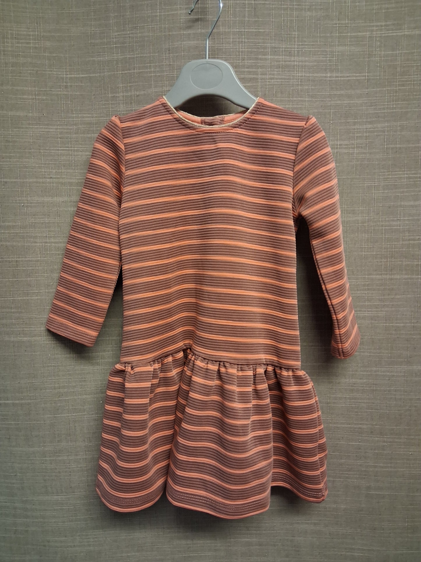 Mamas & Papas Dusky Pink Gold Stripe Long Sleeve Drop Waist Dress Age 18-24 Months