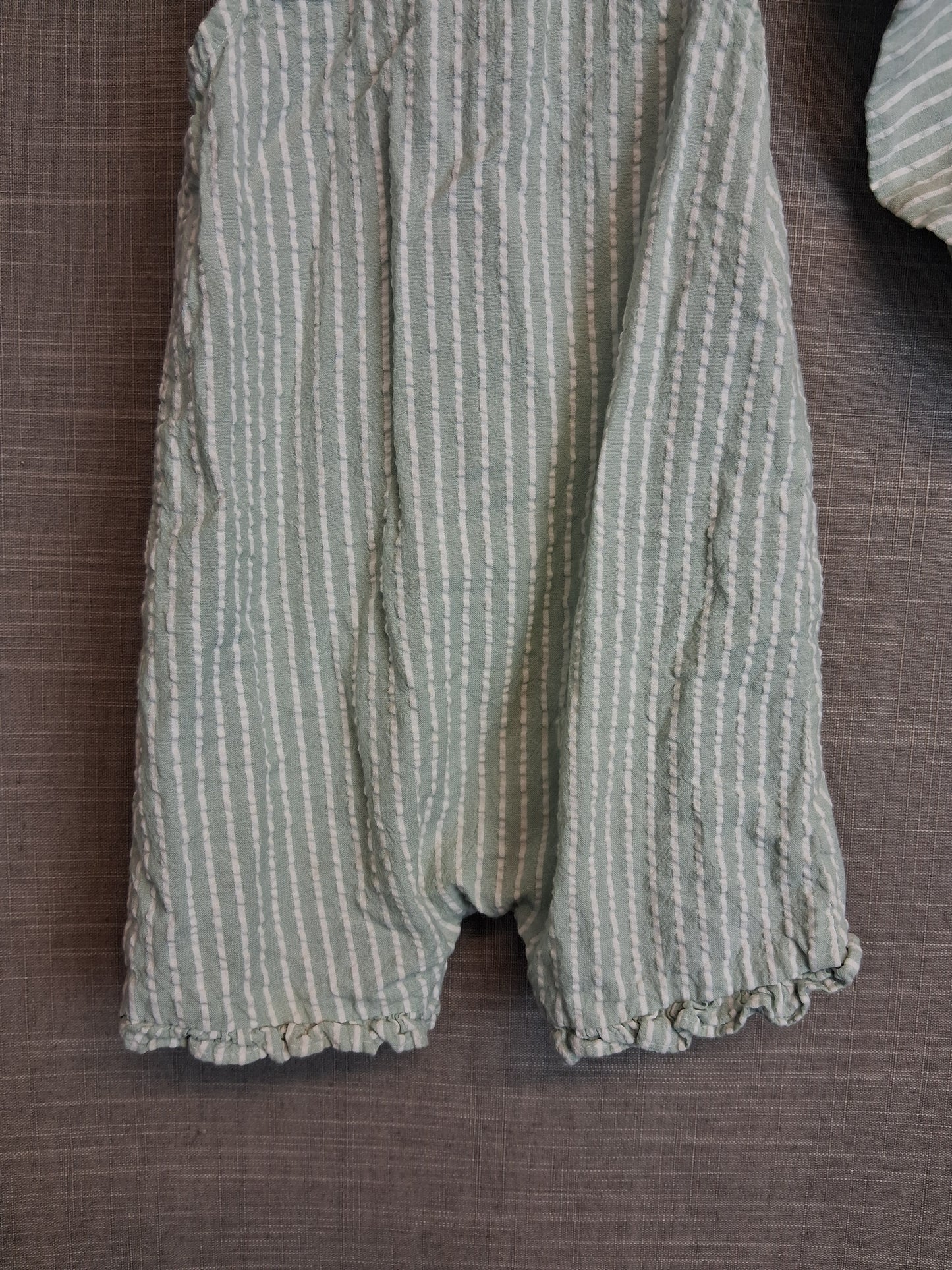 Matalan Girls Summer Romper Green White Striped With Hat Age 9-12 Months
