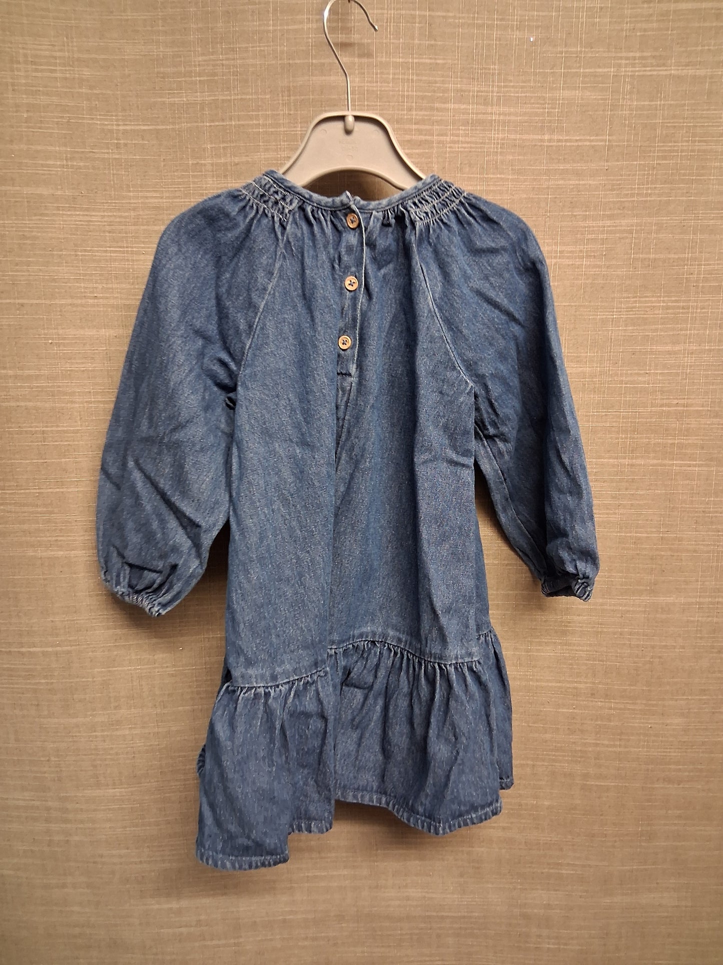 Marks & Spencer Girls Blue Denim Dress Age 2-3 Years Embroidered Floral Detail