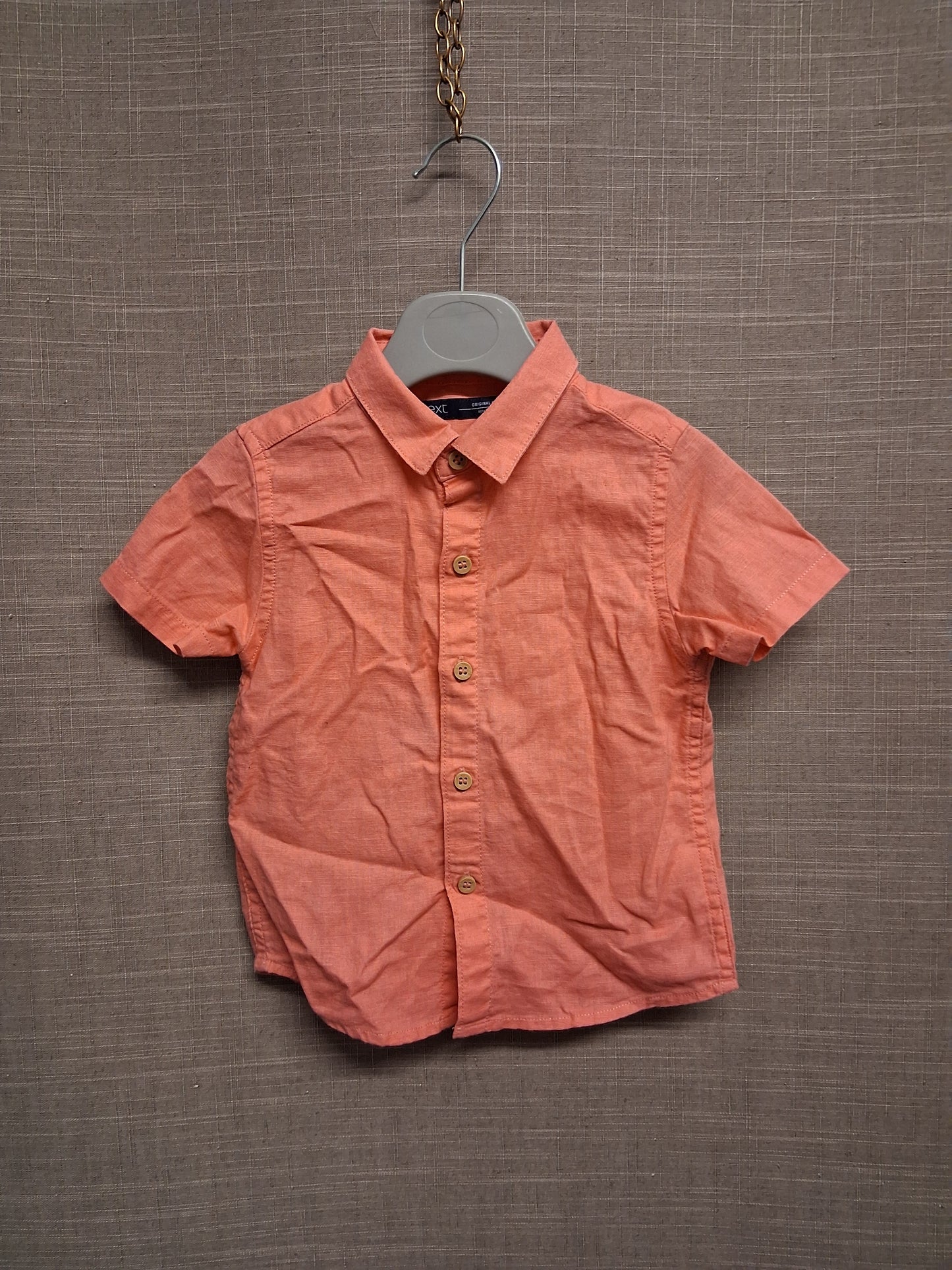 Next Boys Coral Pink Short Sleeve Shirt Age 12-18 Months Linen Blend