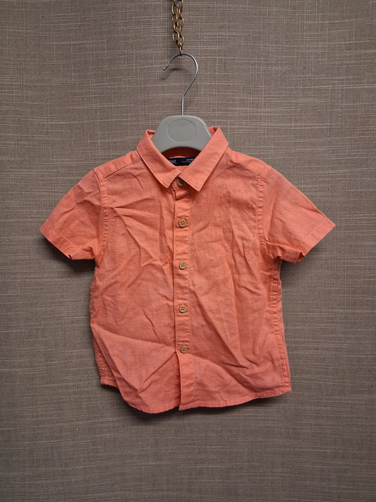 Next Boys Coral Pink Short Sleeve Shirt Age 12-18 Months Linen Blend