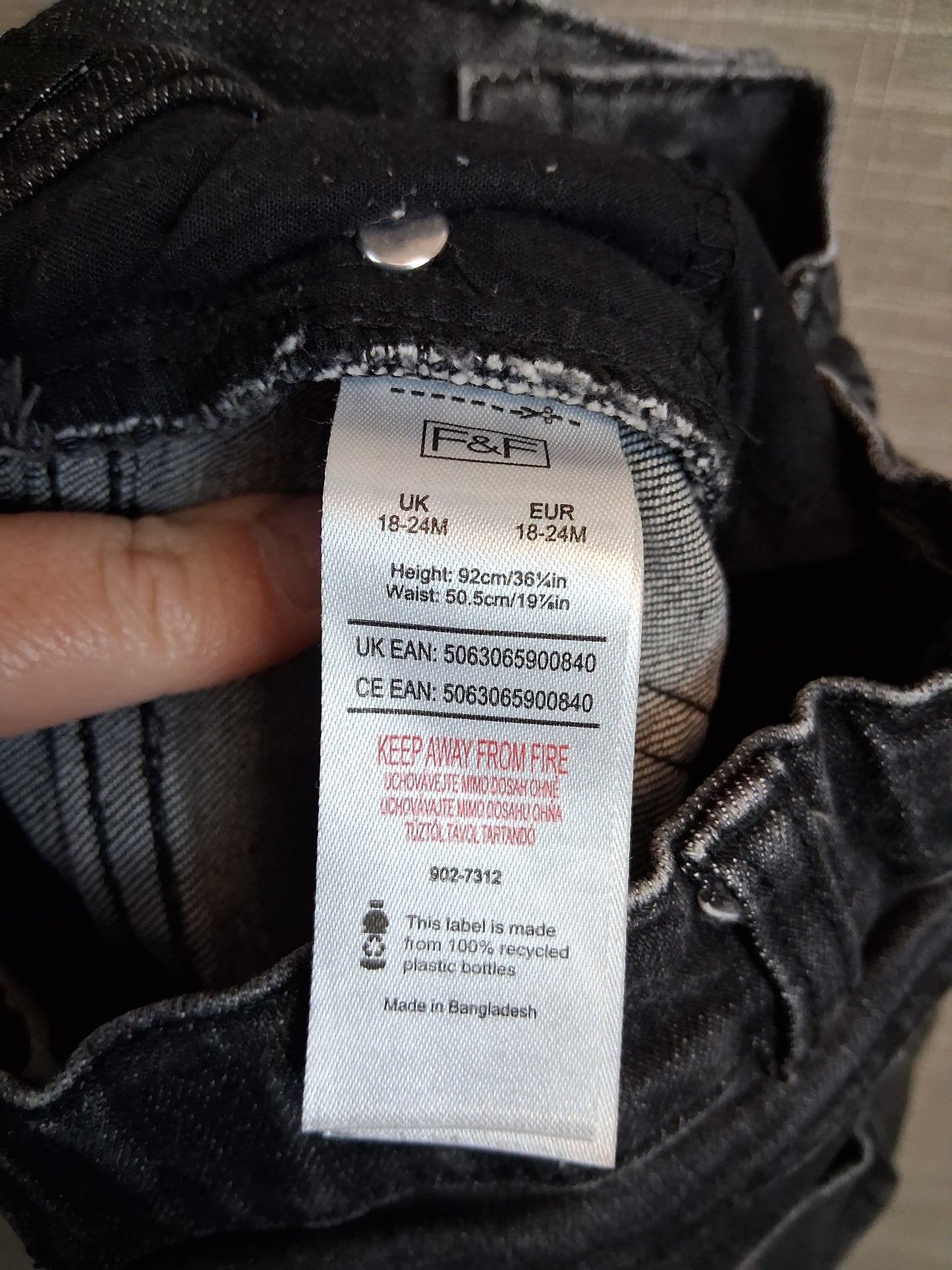 F&F Boys Black Denim Jeans Age 18-24 Months Adjustable Waist