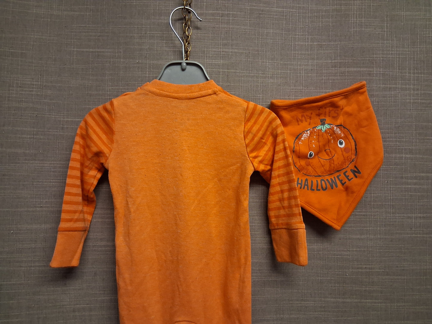 F&F Halloween Orange Pumpkin Sleepsuit Romper with Bib Age 0-3 Months