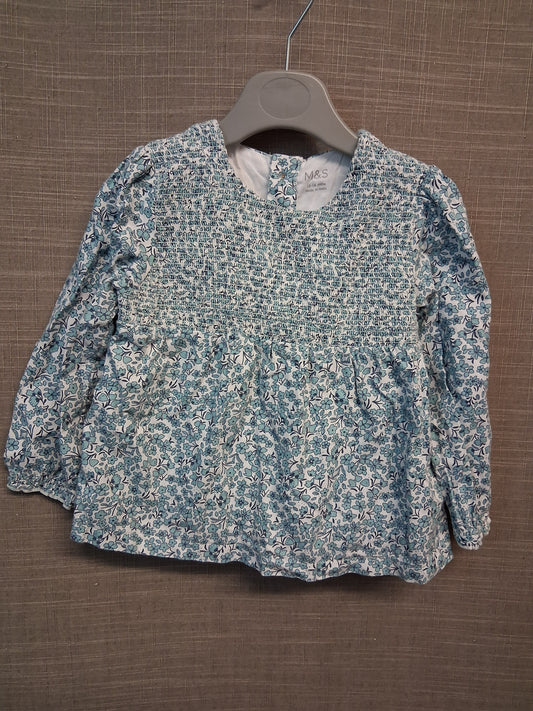 Marks & Spencer Girls Blue Floral Long Sleeve Top Age 12-18 Months