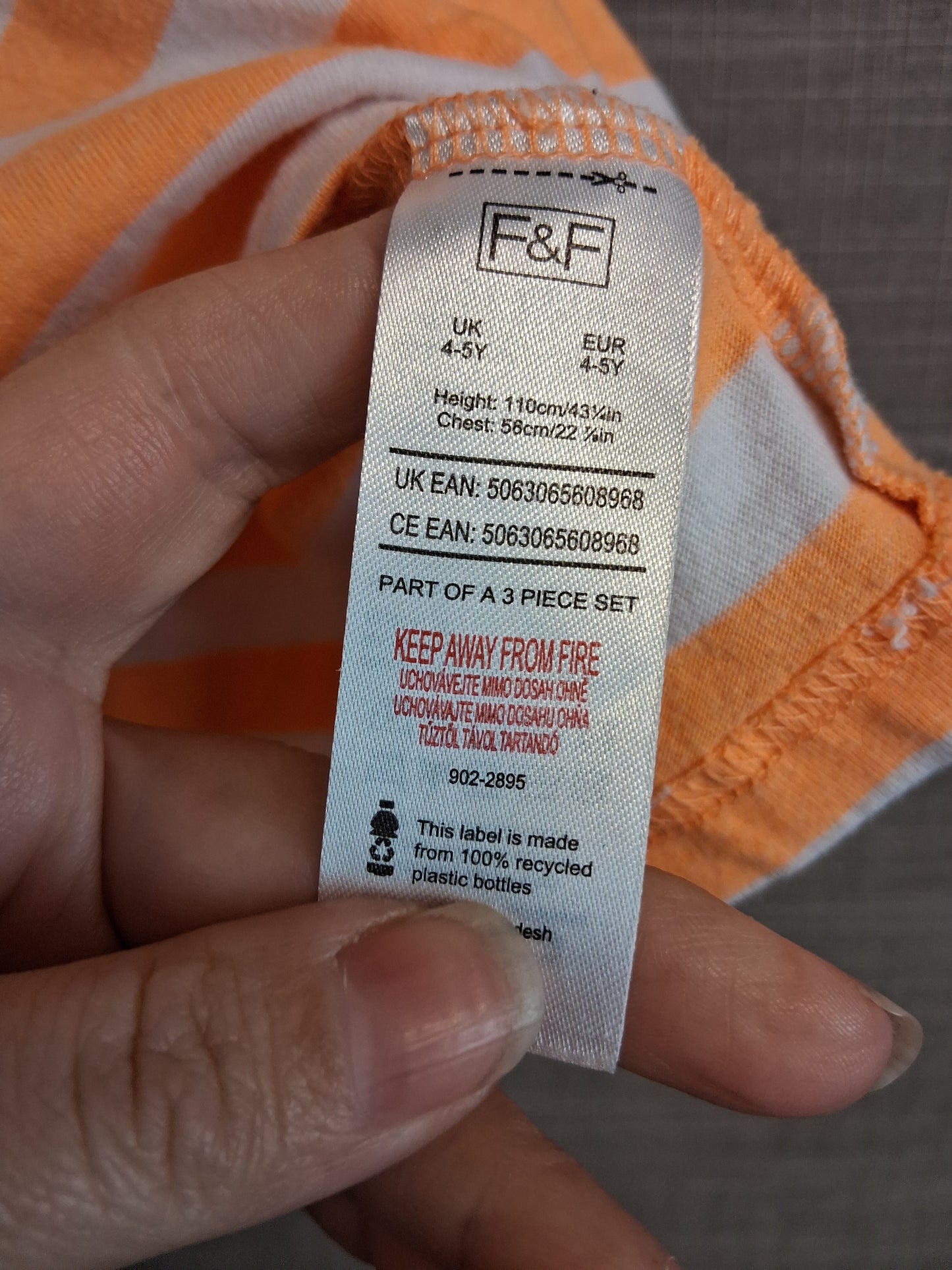 F&F Boys Orange White Striped T-Shirt Short Sleeve Age 4-5 Years