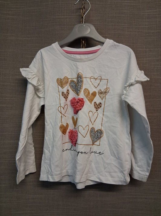 Matalan Girls Long Sleeve White T-Shirt Love Hearts Age 5-6 Years