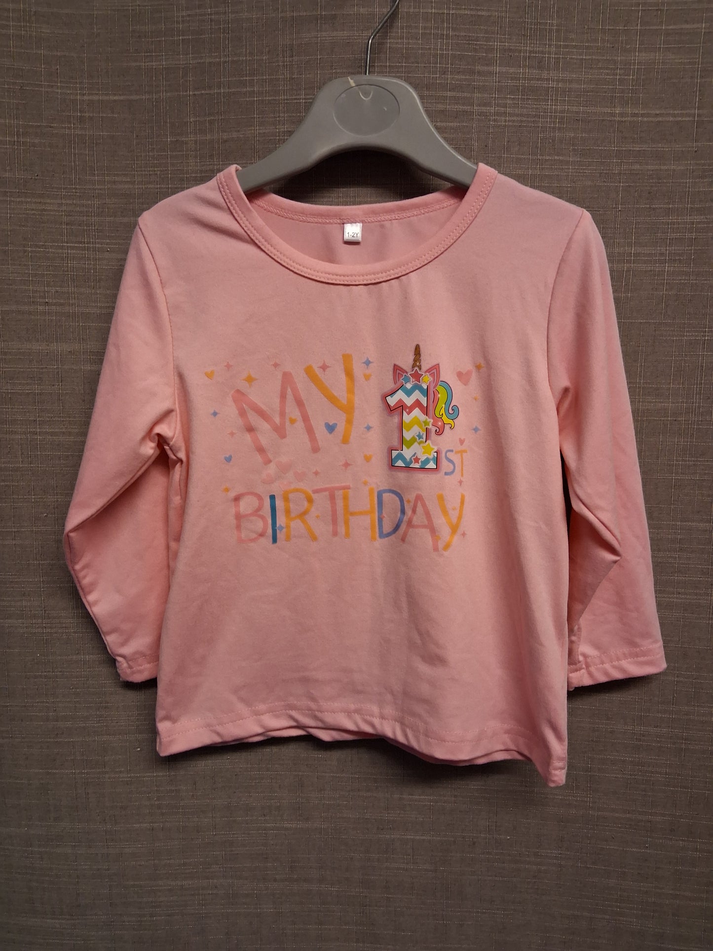 Shein Girls Pink My 1st Birthday Unicorn Theme Long Sleeve T-Shirt Age 1-2 Years