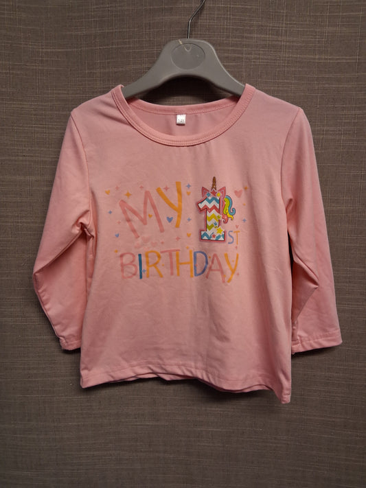 Shein Girls Pink My 1st Birthday Unicorn Theme Long Sleeve T-Shirt Age 1-2 Years