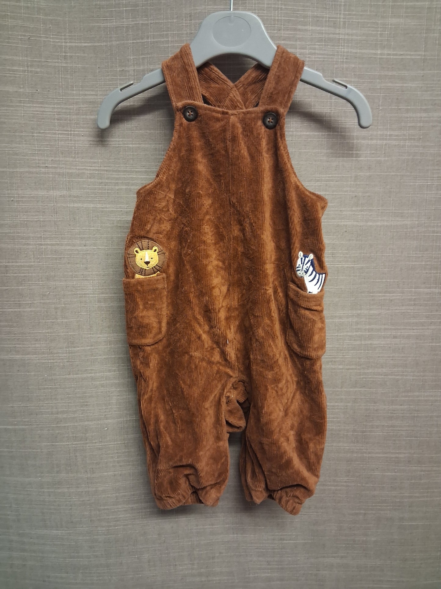 JoJo Maman Bebe Brown Velour Corduroy Dungarees Embroidered Animal Pockets Age 3-6 Months