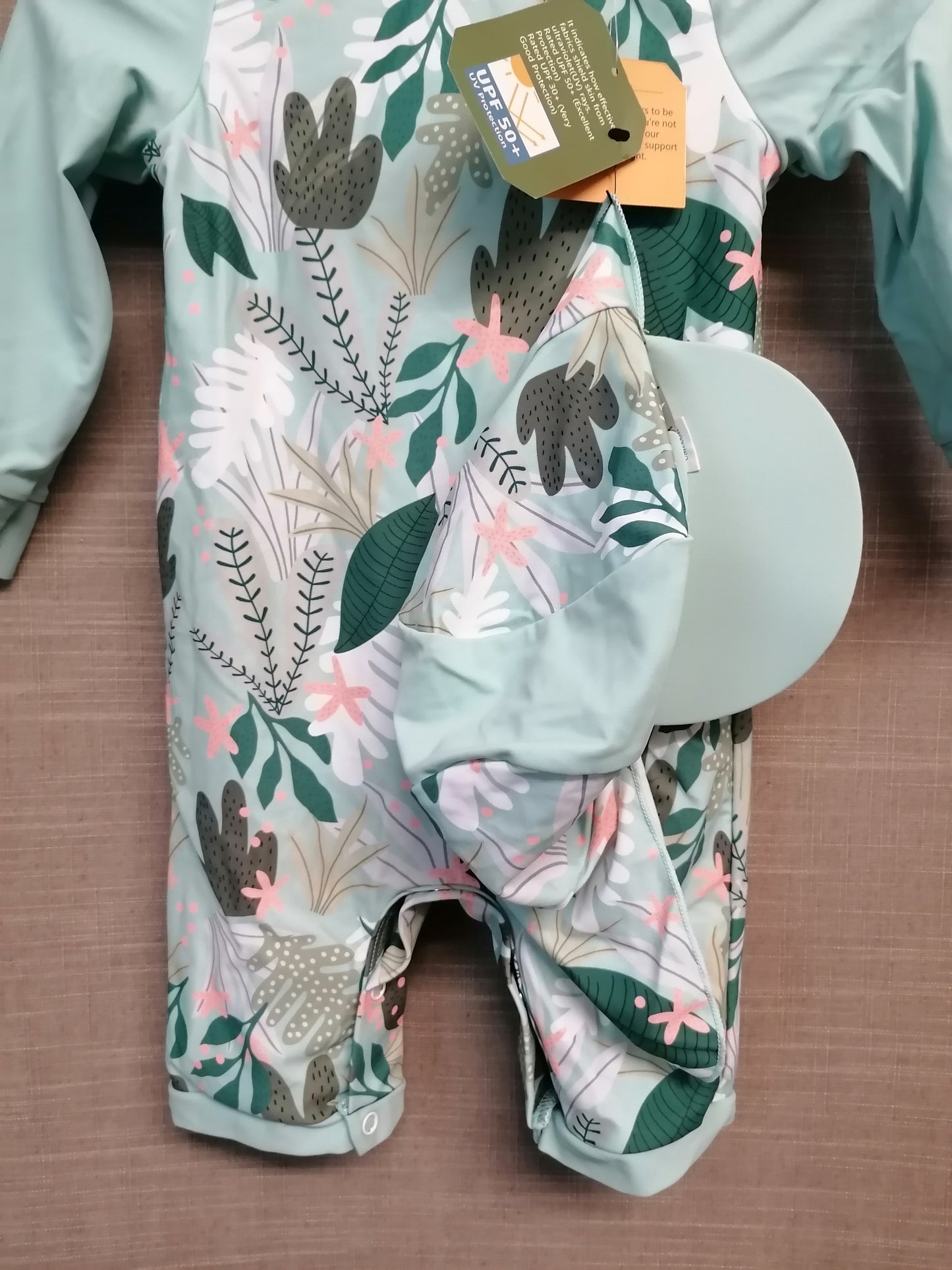 Umelok UV Swimsuit Set All in One Hat 18-24 Months Green Tropical Print New