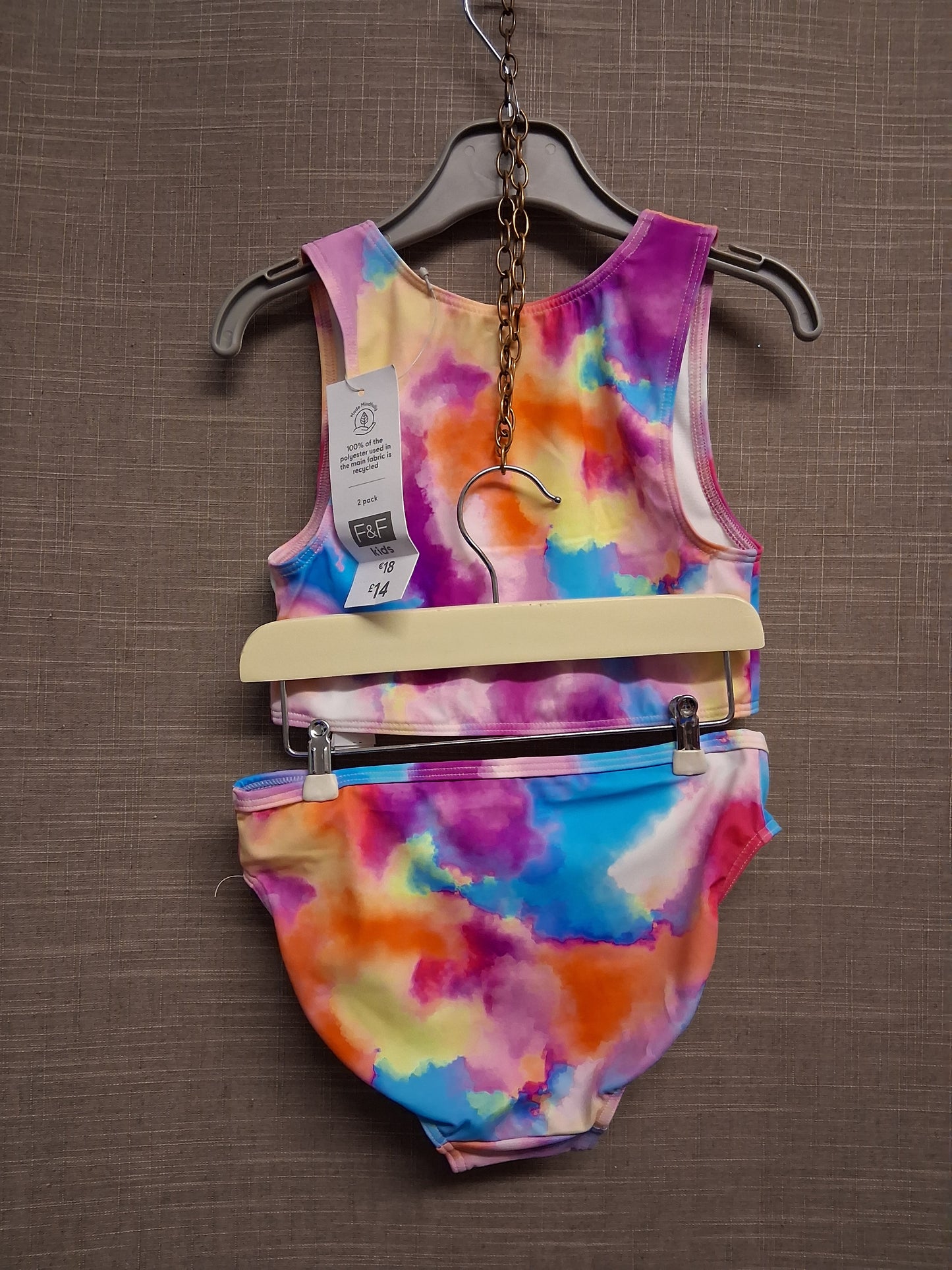 F&F Girls Pink Tie Dye 2 Piece Bikini Set Swimwear Age 6-7 Years New